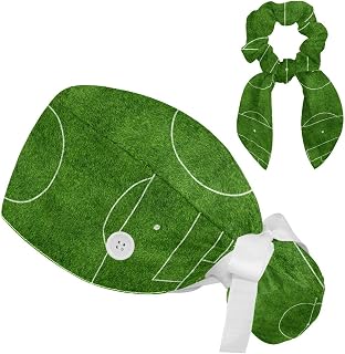 FVQL 2 Pieces Surgical Cap for Long Hair Scrub Cap with Hairband Nurse Cap, Football Field Green