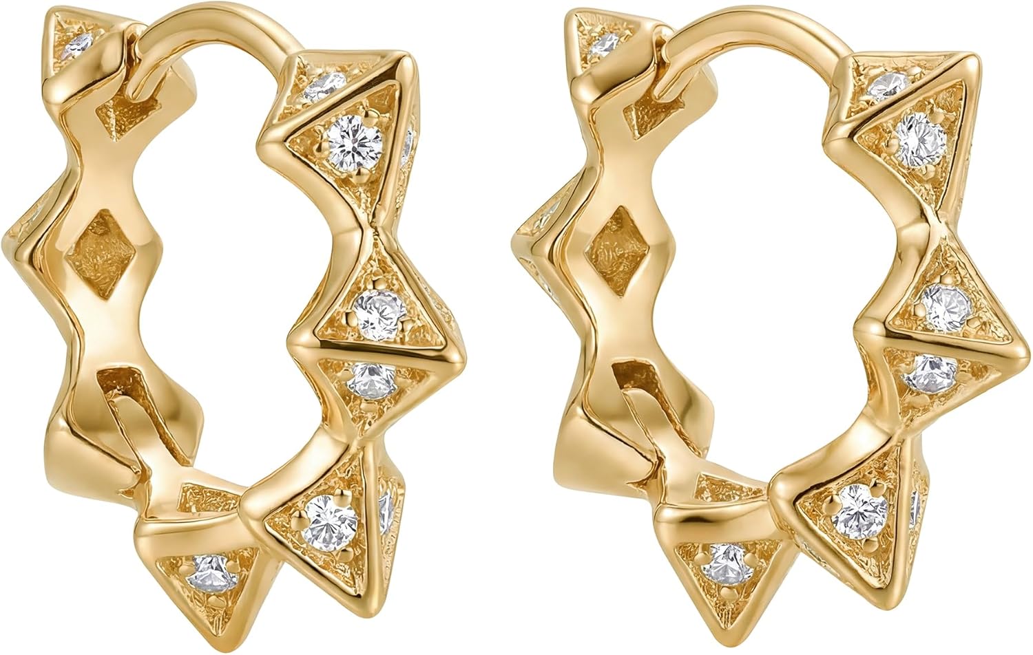 Mevecco Spike CZ Hoop Earrings, Gold, Dainty Chunky Turquoise Hoop Earrings With 18k Gold Ear Post, 2.5cm Diameter - Image 6