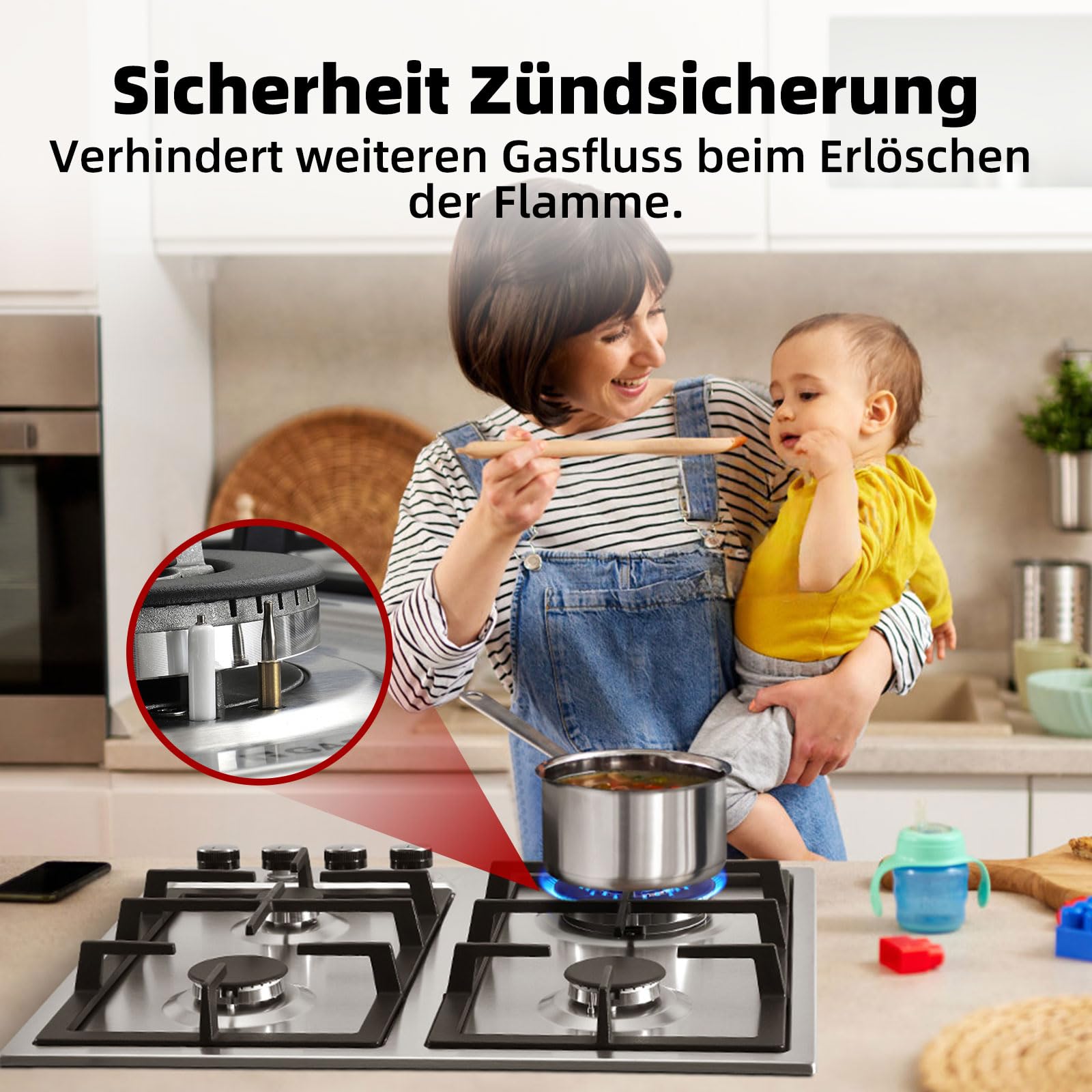 GASLAND GH60SF Plaque de cuisson à gaz encastrable en acier inoxydable, 4 feux, 60 cm cuisinière à gaz butane avec brûleur Wok, puissance 8000W, compatible LPG/Gaz naturel