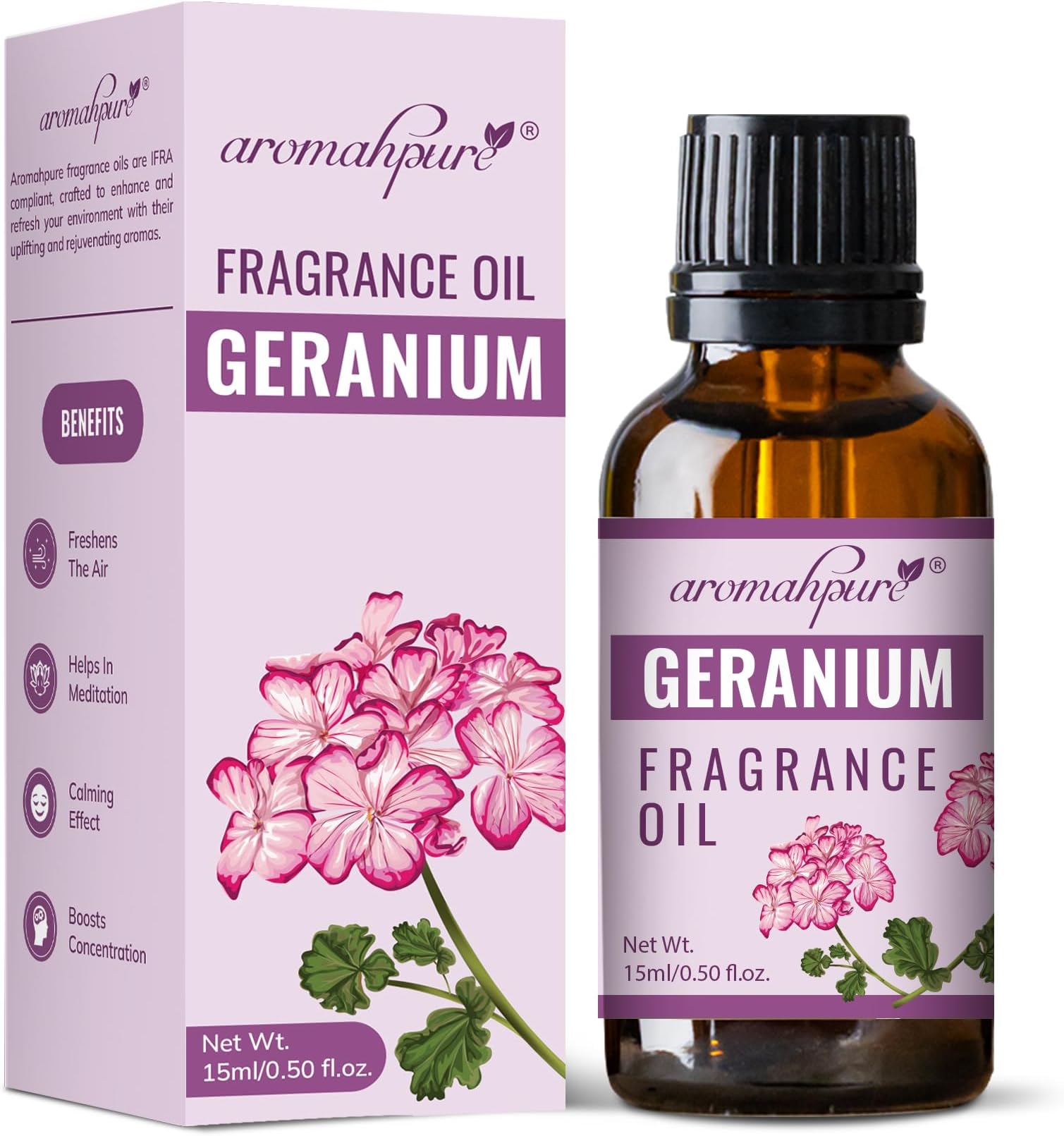 Aromahpure Fragrance Oil | 15 ml | Geranium Aroma Oil for Home Fragrance | Best for Aromatherapy | Helps in Meditation | Used in Diffusers, Candles, Air Fresheners, Soaps, IFRA Certified