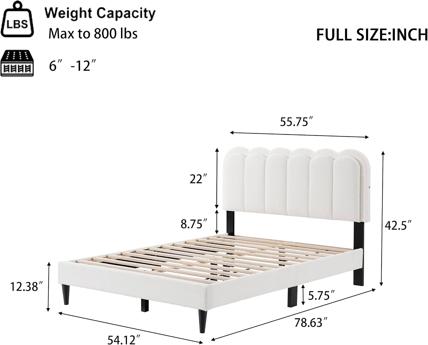 Christopher Knight Home Lattie Lambswool Upholstered Full Size Bed Frame with Light, Modern Bed Frame Full Size with Headboard, Wooden Slats, Easy Assembly, No Box Spring Needed, White