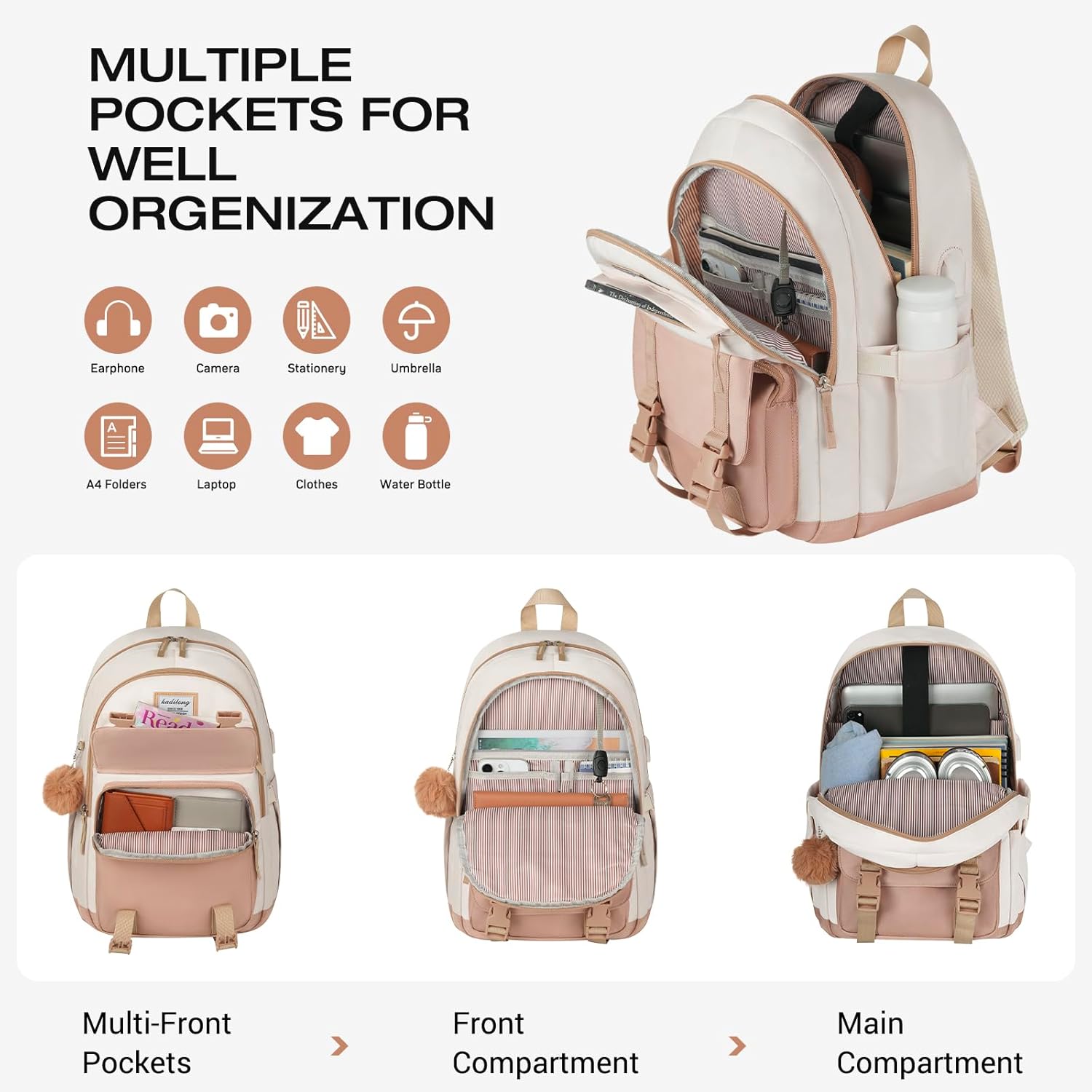 School Backpack for Teen Girls,Laptop Backpacks for Women College Students Bookbag Middle School Back Pack Travel Mochilas Escolares Niña 15,6 inch Khakibeige