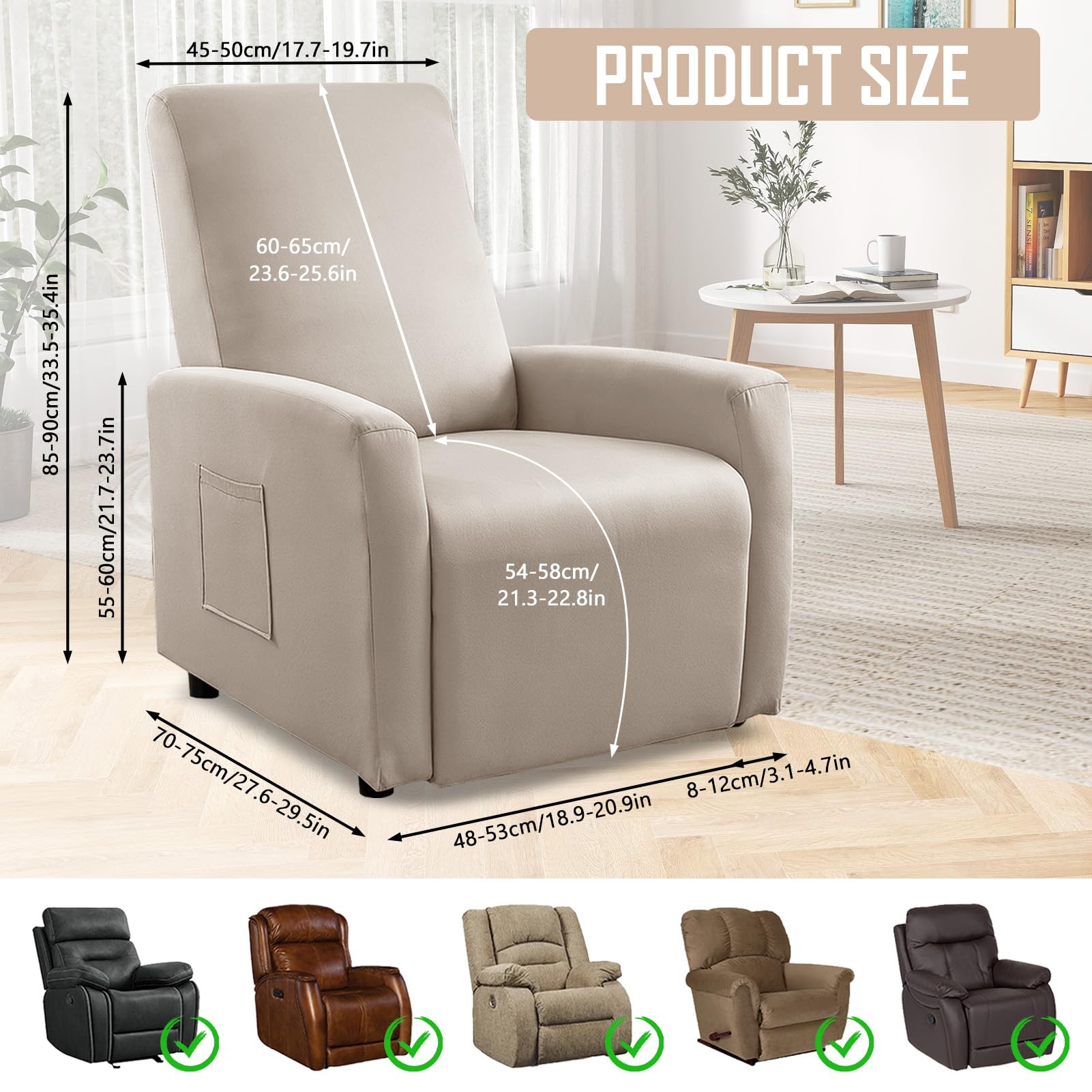 MeYuxg Copri Poltrona Relax Reclinabile a 1 Posto, Elasticizzato Copripoltrona Relax Reclinabile con Tasche, Impermeabile Copri Poltrona Totale, per Poltronas Relaxs e TV(Moka Chiaro, 4 Pezzi)