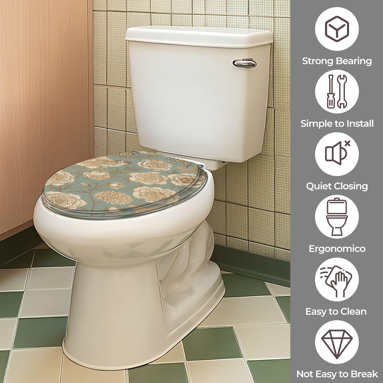 Sedile WC rotondo decorativo, lussuoso con stampa su carta blu e lamina d'oro, materiale in resina, cerniere e coperchio a sgancio rapido, facile installazione per il bagno.