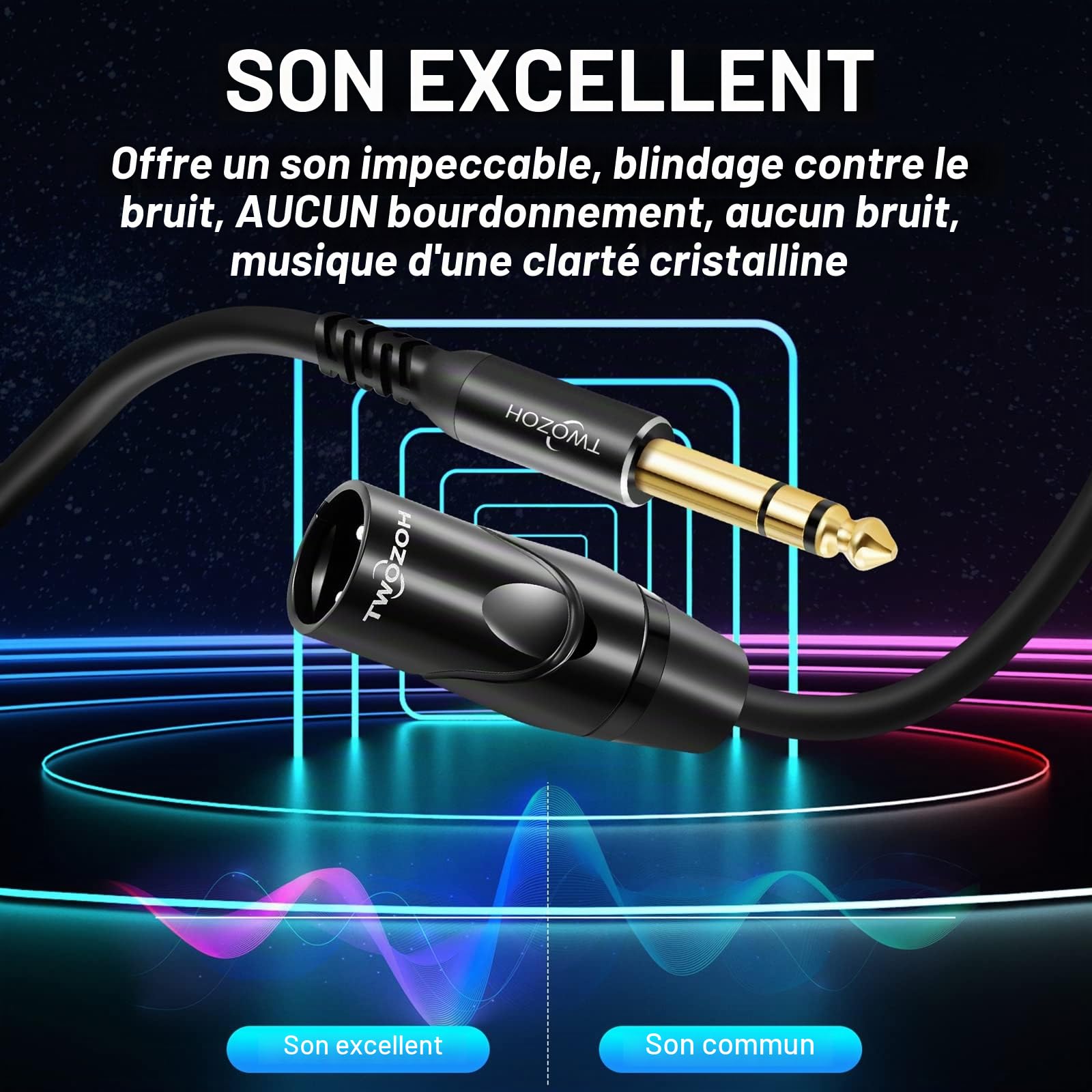 Twozoh Câble XLR Mâle vers TRS 6,35 mm Lot de 2, Cable XLR Jack Stéréo 6.35 mm 2M 2 Pièces (Profesional/Hifi)