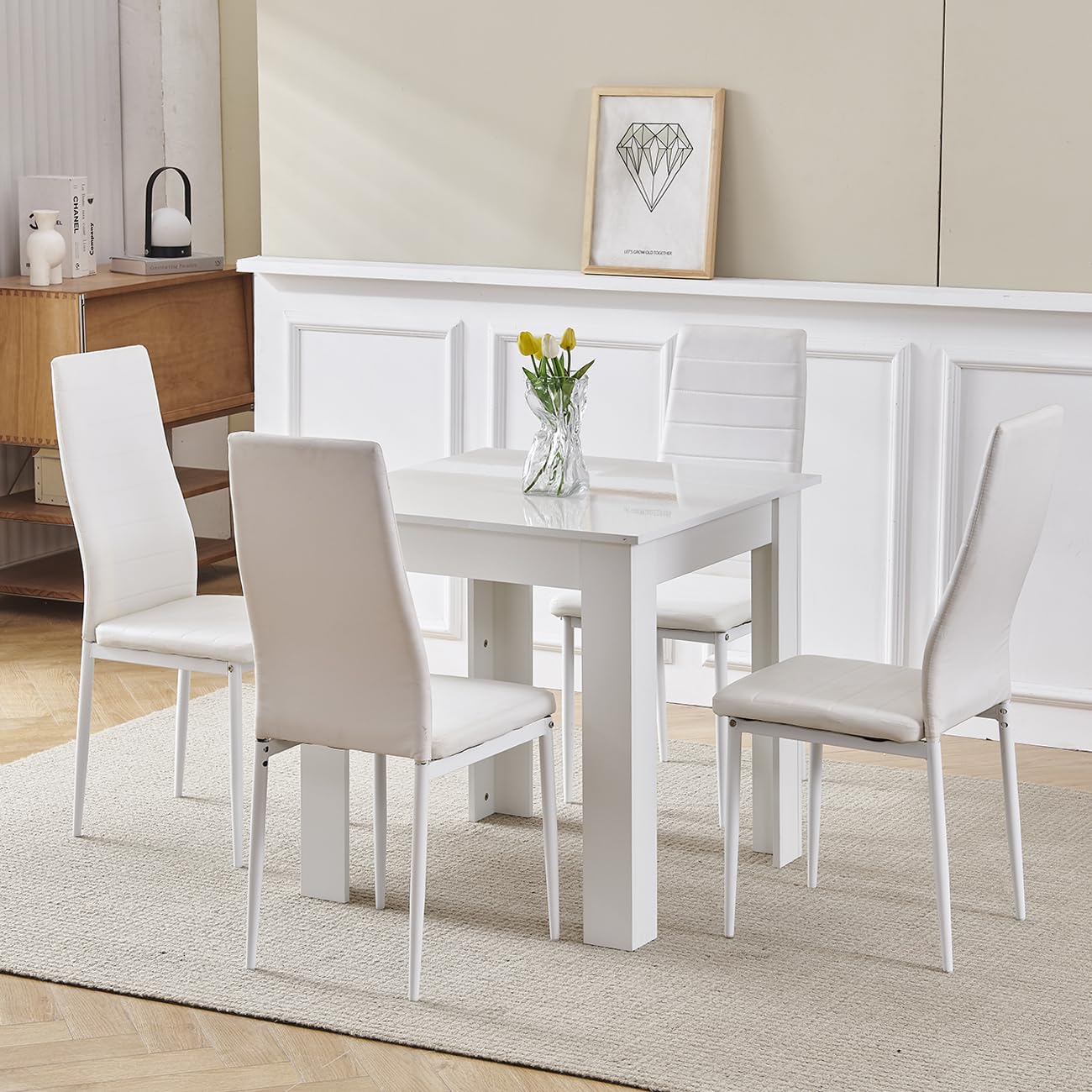 Pantanal Square Dining Room Set for 4, 75cm White Dining Table with 4 ...