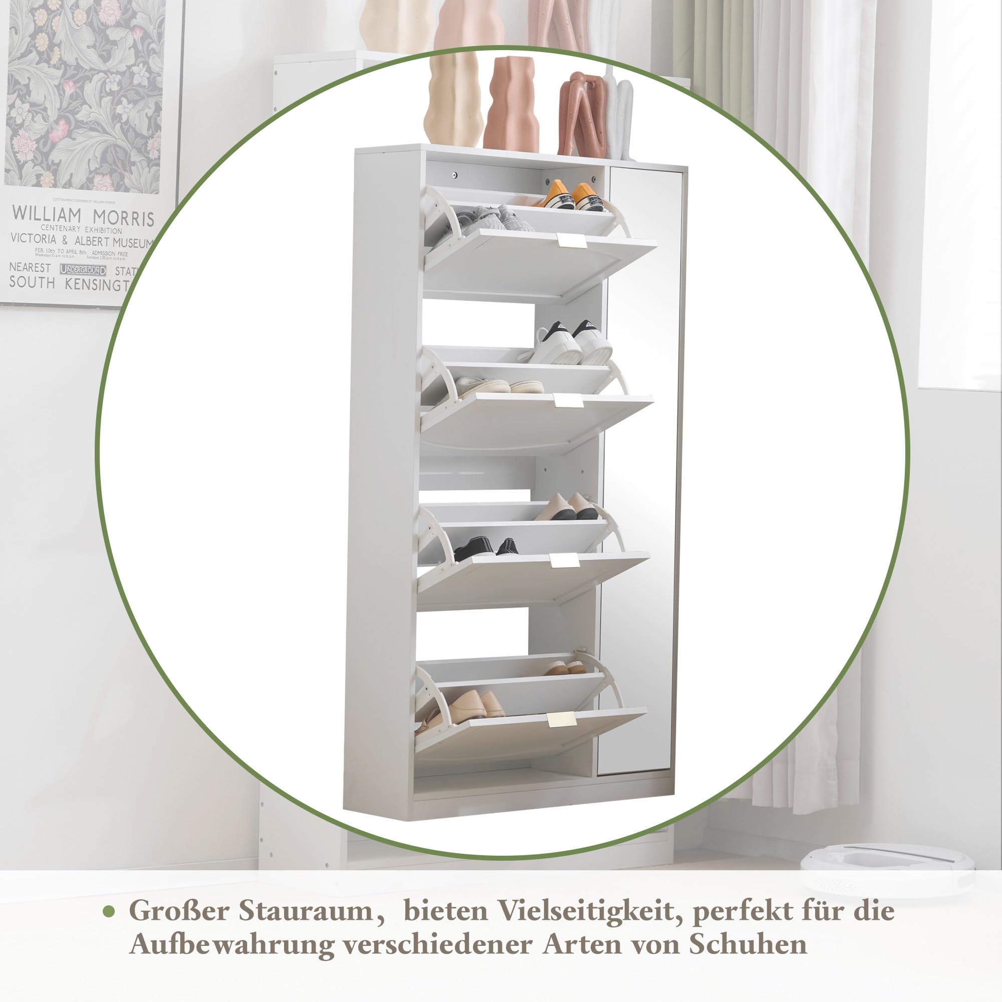 Zapatero moderno con espejo, 4 compartimentos de almacenamiento plegables, estante ajustable detrás del espejo derecho, ideal para el pasillo, tamaño: 80 x 147 x 24 cm, color blanco