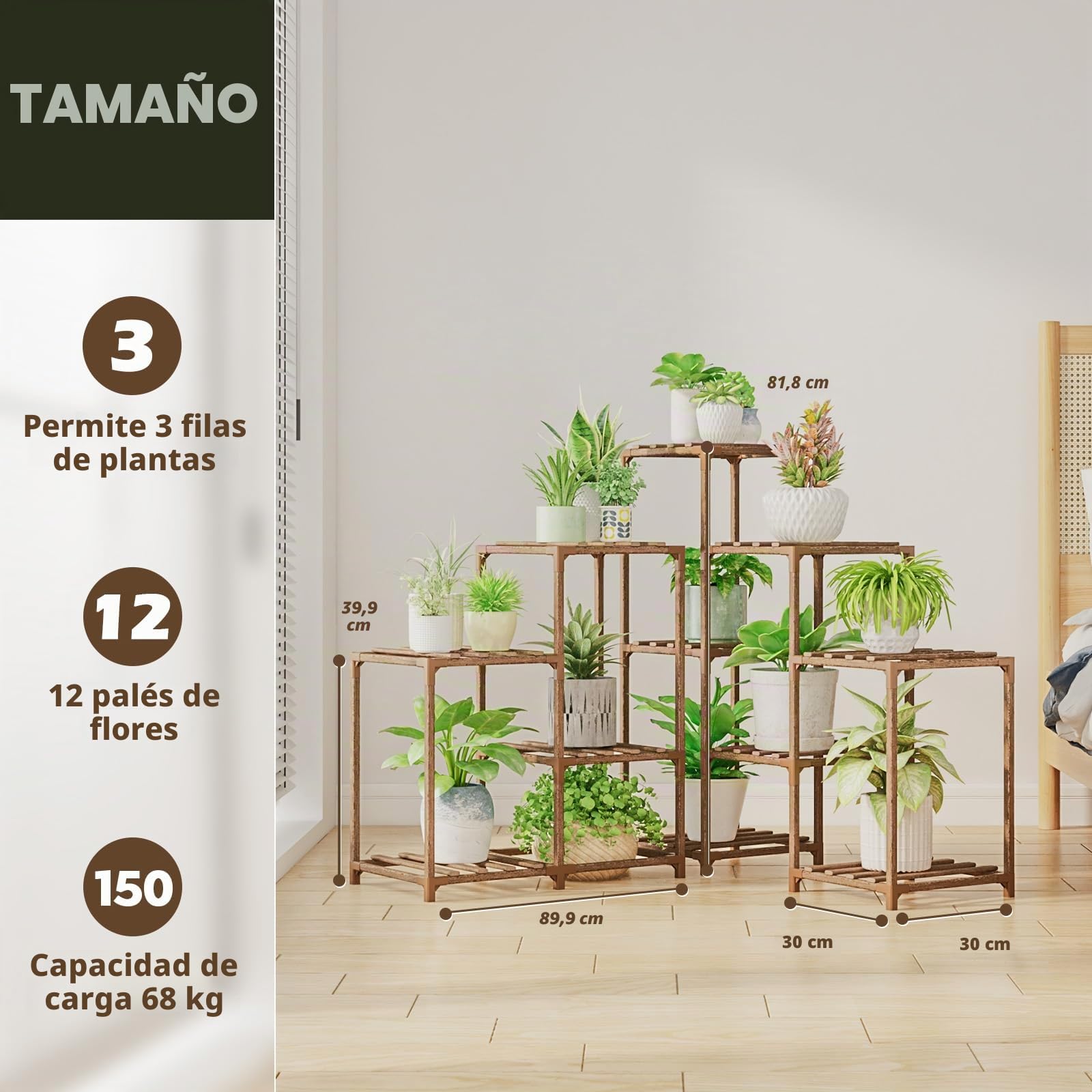 Bamworld Soporte para plantas de interior y esquina, para exteriores, 5 niveles, 11 flores, soportes de madera para plantas de jardín, soporte para plantas de madera, para sala de estar, esquina