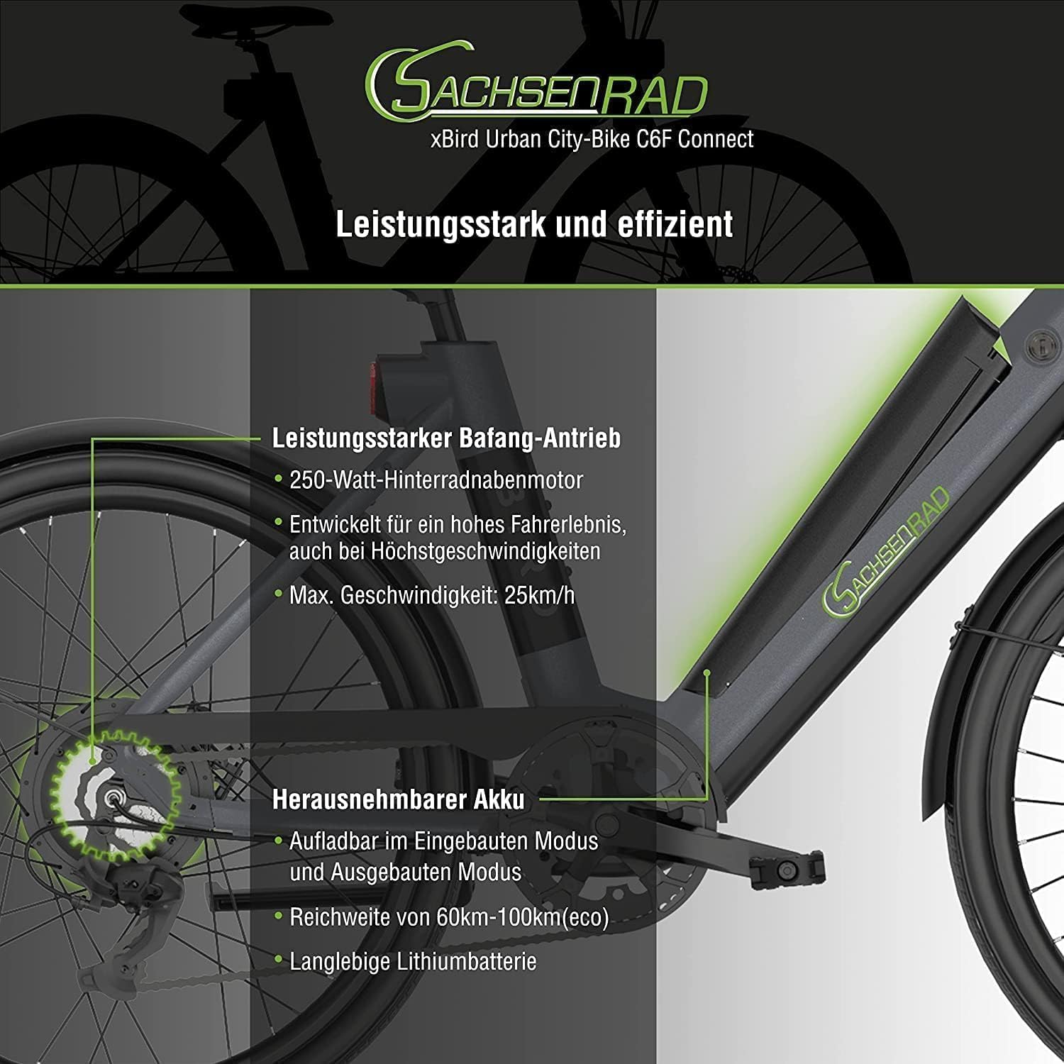 xBird Urban City-Bike C6F Connect Mit Diebstahlschutz APP | Modernes Design E-Bike Elektrofahrrad mit Integriertes LCD Display und StVZO-zugelassene LED-Leuchten für 150-180CM