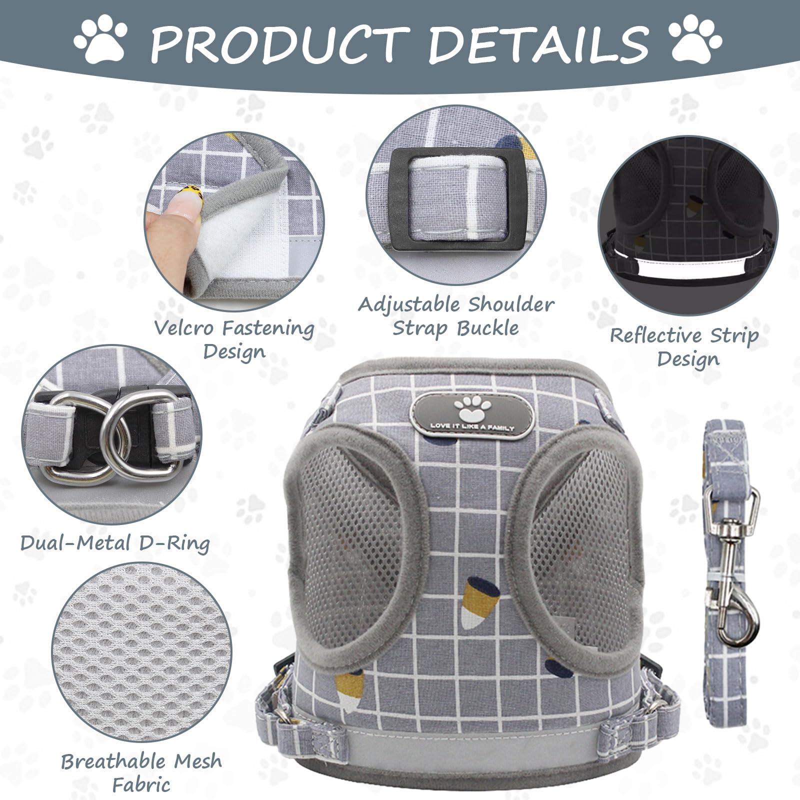 Set pettorina e guinzaglio gatto catarifrangente rete traspirante regolabile 5 m grigio S