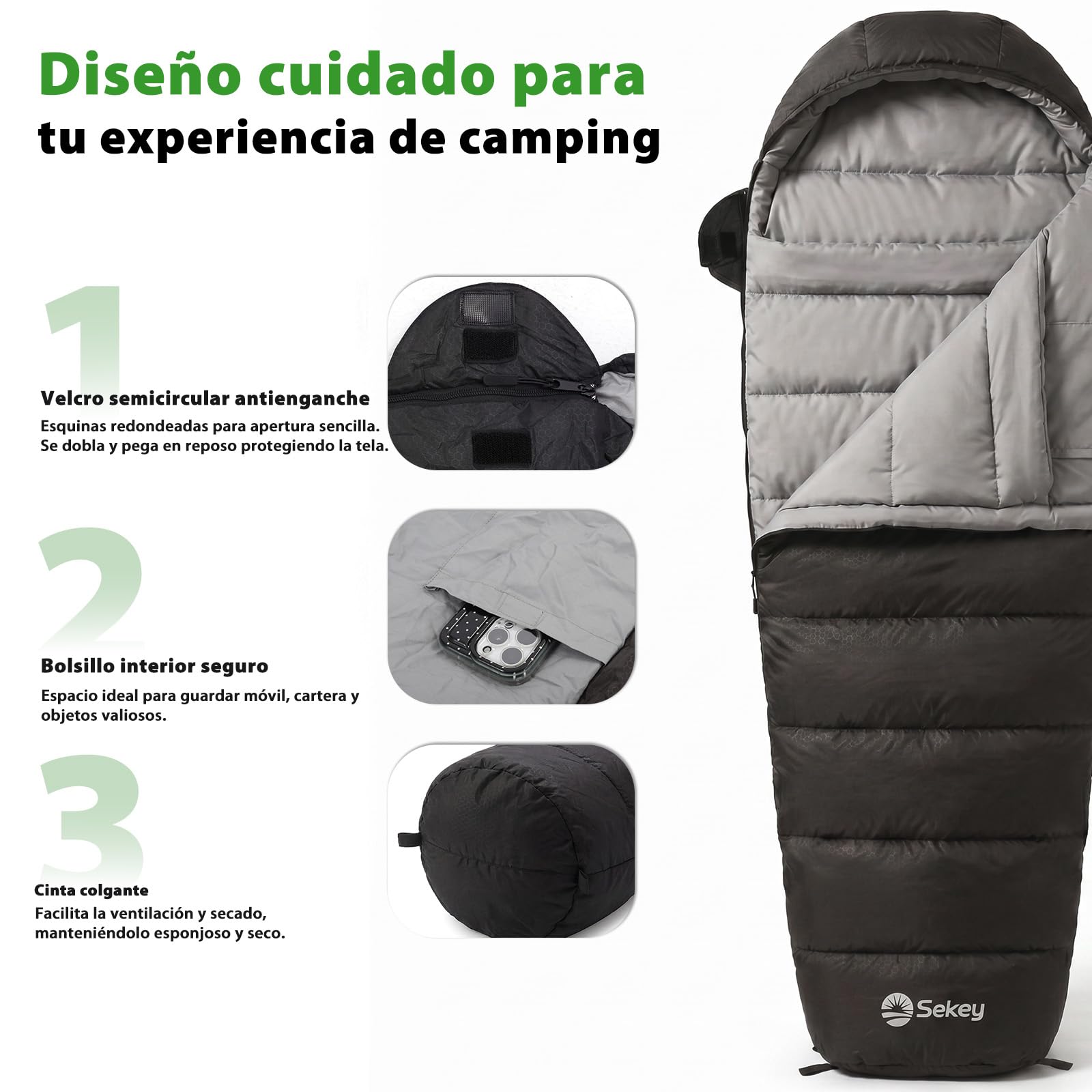 Sekey Saco de Dormir Momia Adulto, 0,9 kg/1,6 kg, Saco Dormir Verano/Invierno, Ultraligero y Compacto, con Cremallera Anti-atrapamiento, Impermeable y Antidesgarros, Camping y Viaje, 220x80x50 cm