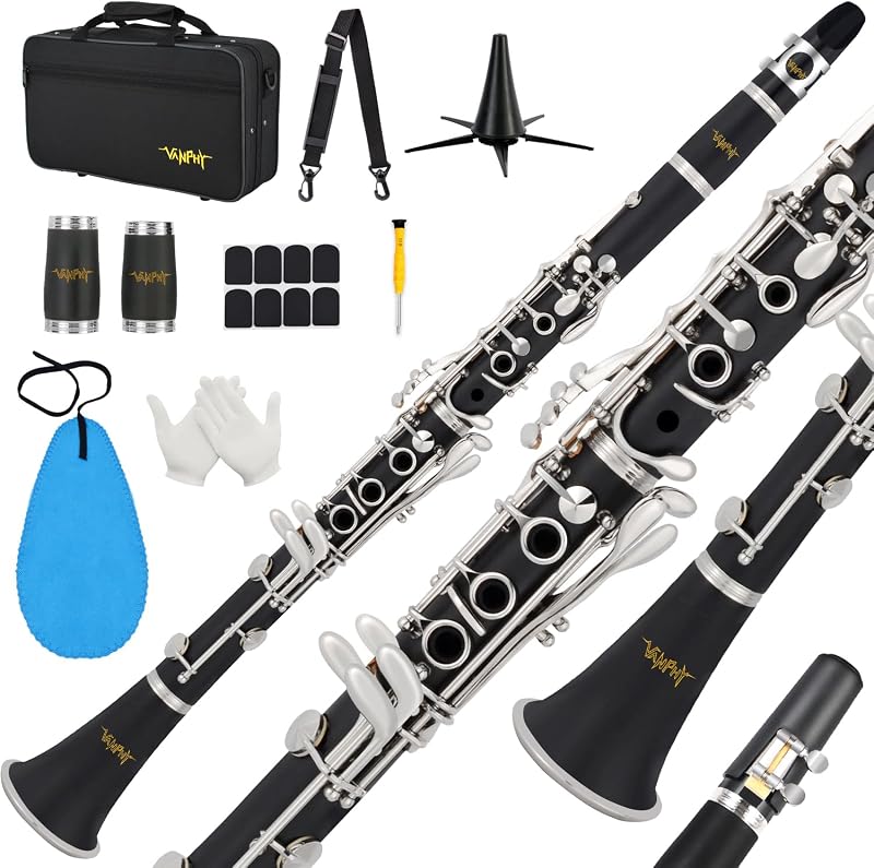 Bb Clarinet 17 Keys Flat B Clarinet for Beginners & Students Black | with Case,Stand,Strap,2 Barrels,8 Mouthpiece Cushion and White Gloves