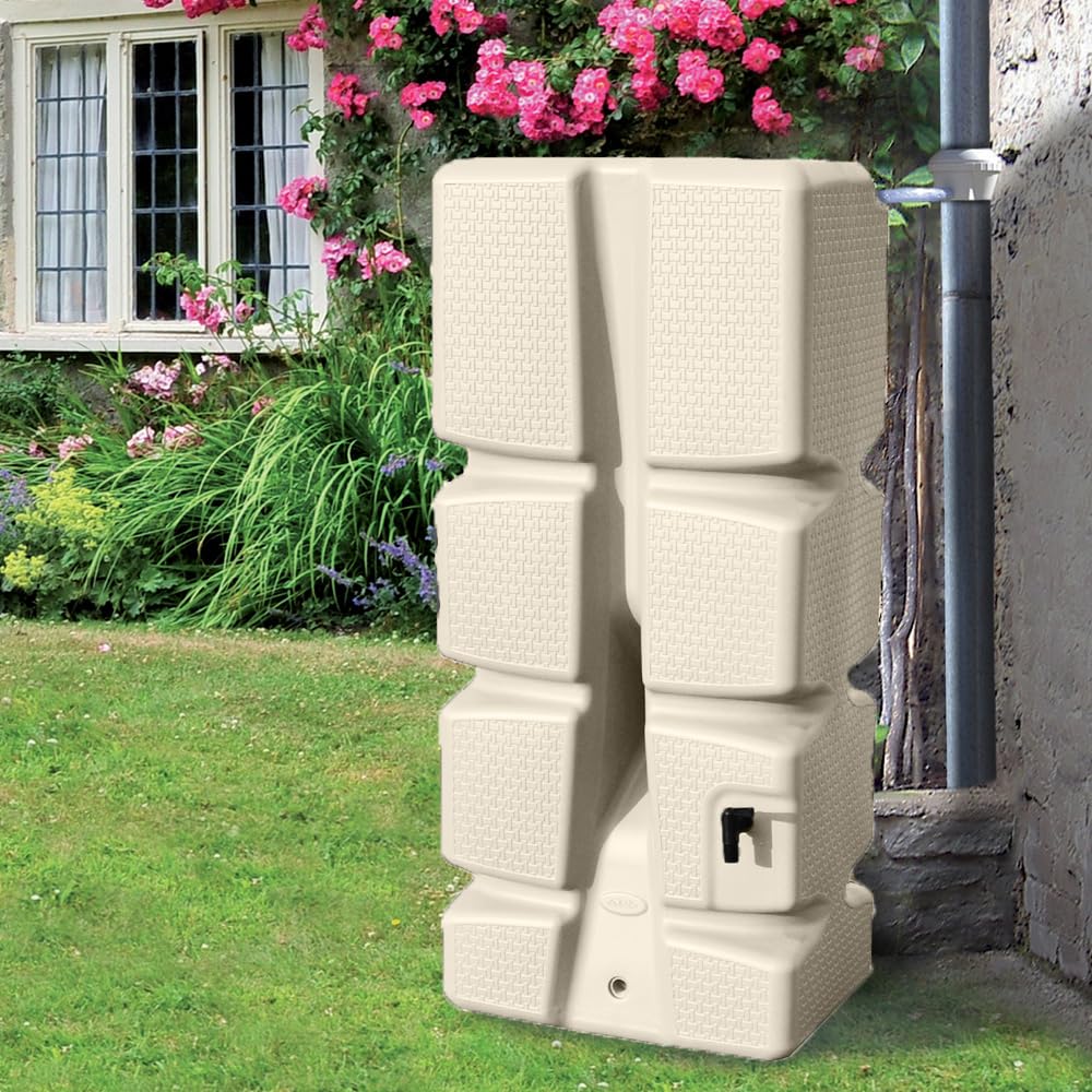 EDA - Récupérateur d'eau RÉCUP'ECO 310 L - Décor Tressé - Kit Collecteur Filtrant Inclus + Robinet - 60 x 40 x H.138 cm - Beige