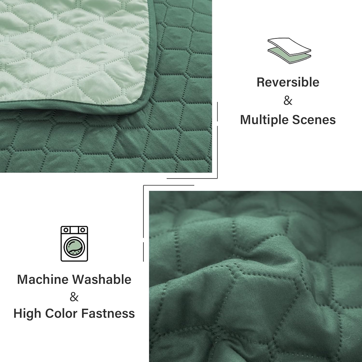 Exclusivo Mezcla Reversible King Size Quilt Bedding Set with Pillow Shams, Lightweight Quilts King Size, Soft Bedspreads Bed Coverlets for All Seasons - (Dark Green, 104"x96") - Image 6