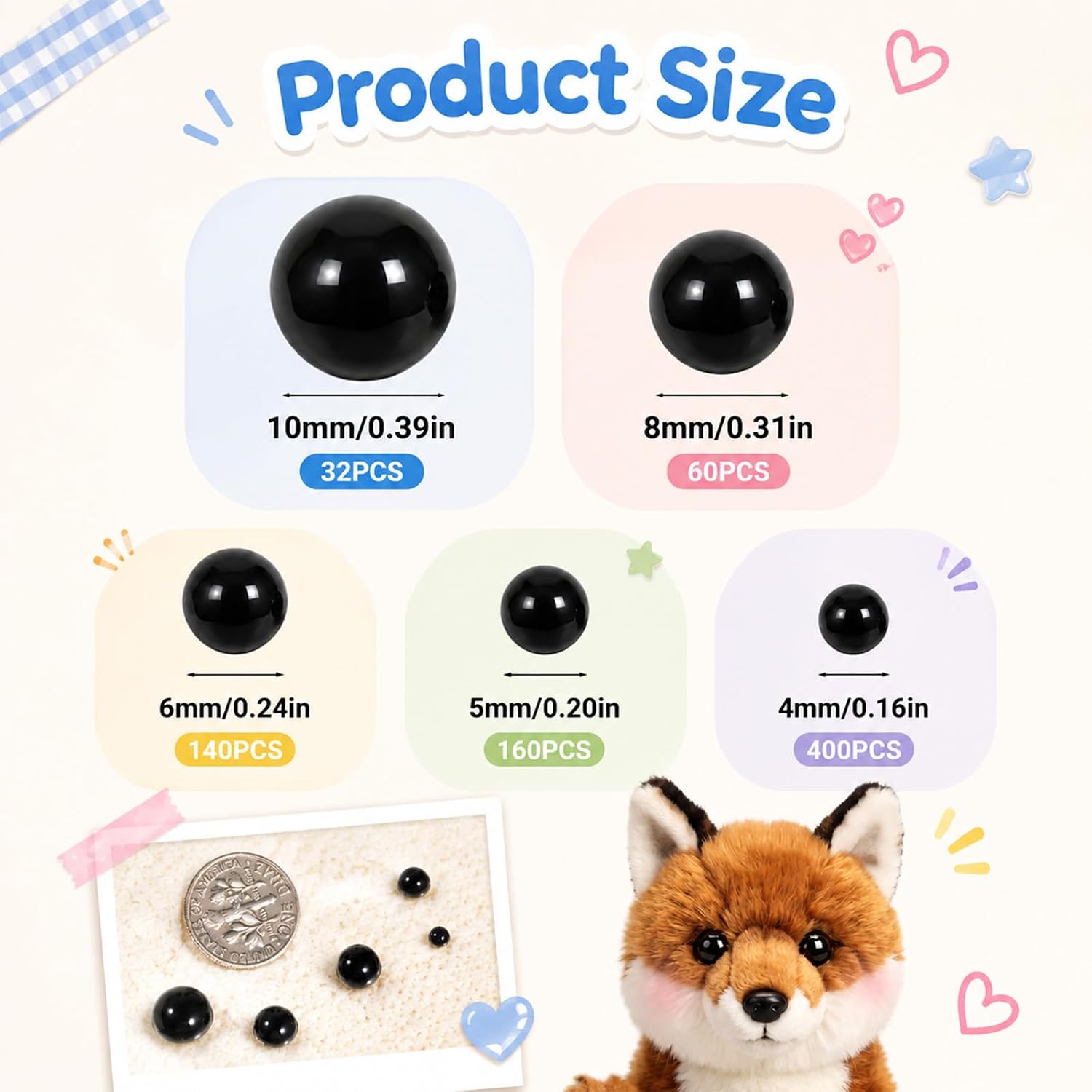 780 pcs Round Plastic Doll Eyes for Craft Black Eyes 4mm 5mm 6mm 8mm 10mm