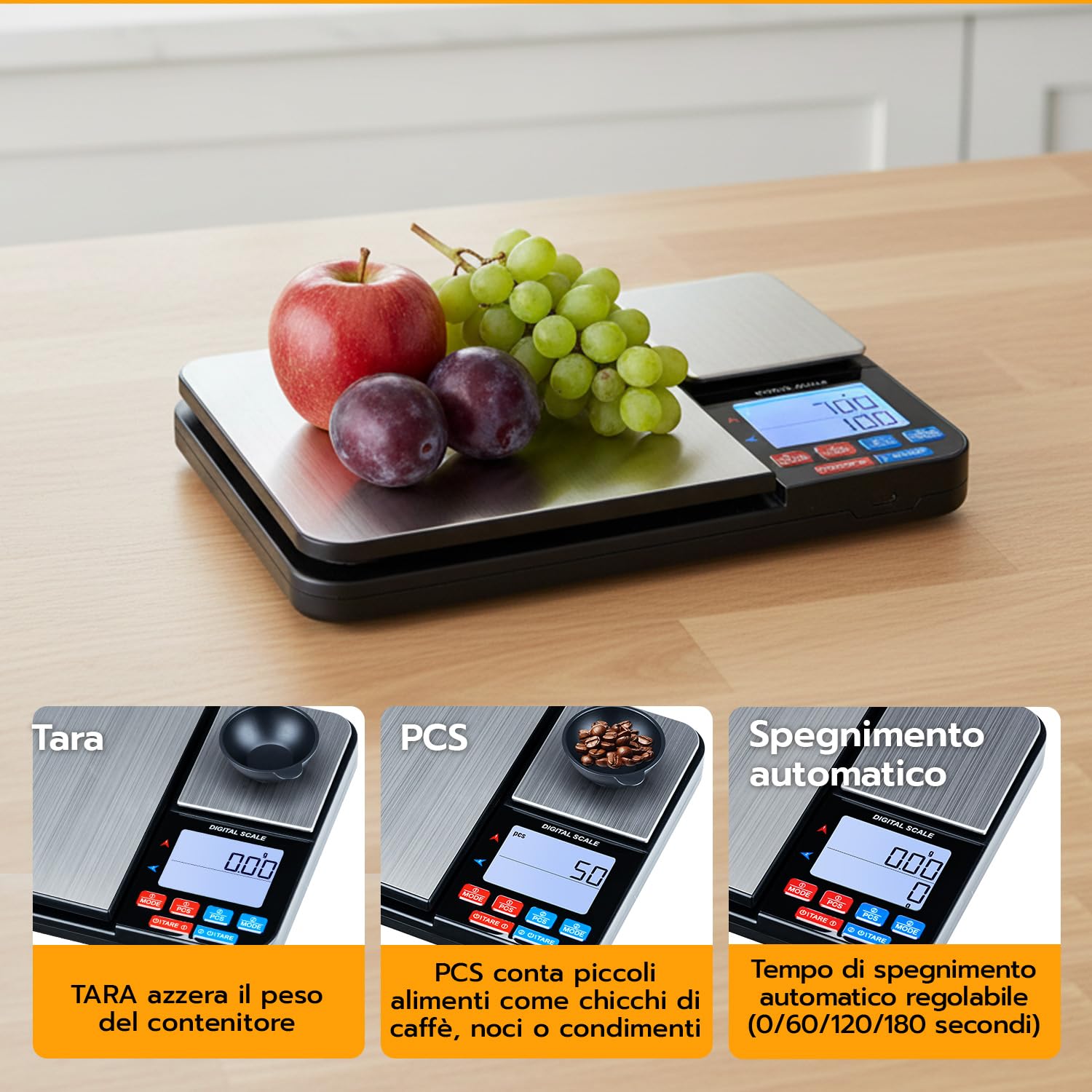 Bilancia da Cucina Digitale con Doppia Piattaforma (10kg/1g e 500g/0.01g), Bilancia per Alimenti Ricaricabile USB/Batterie, 14 Unità, Funzione PCS e Auto-Off per Caffè, Pasticceria e Casa