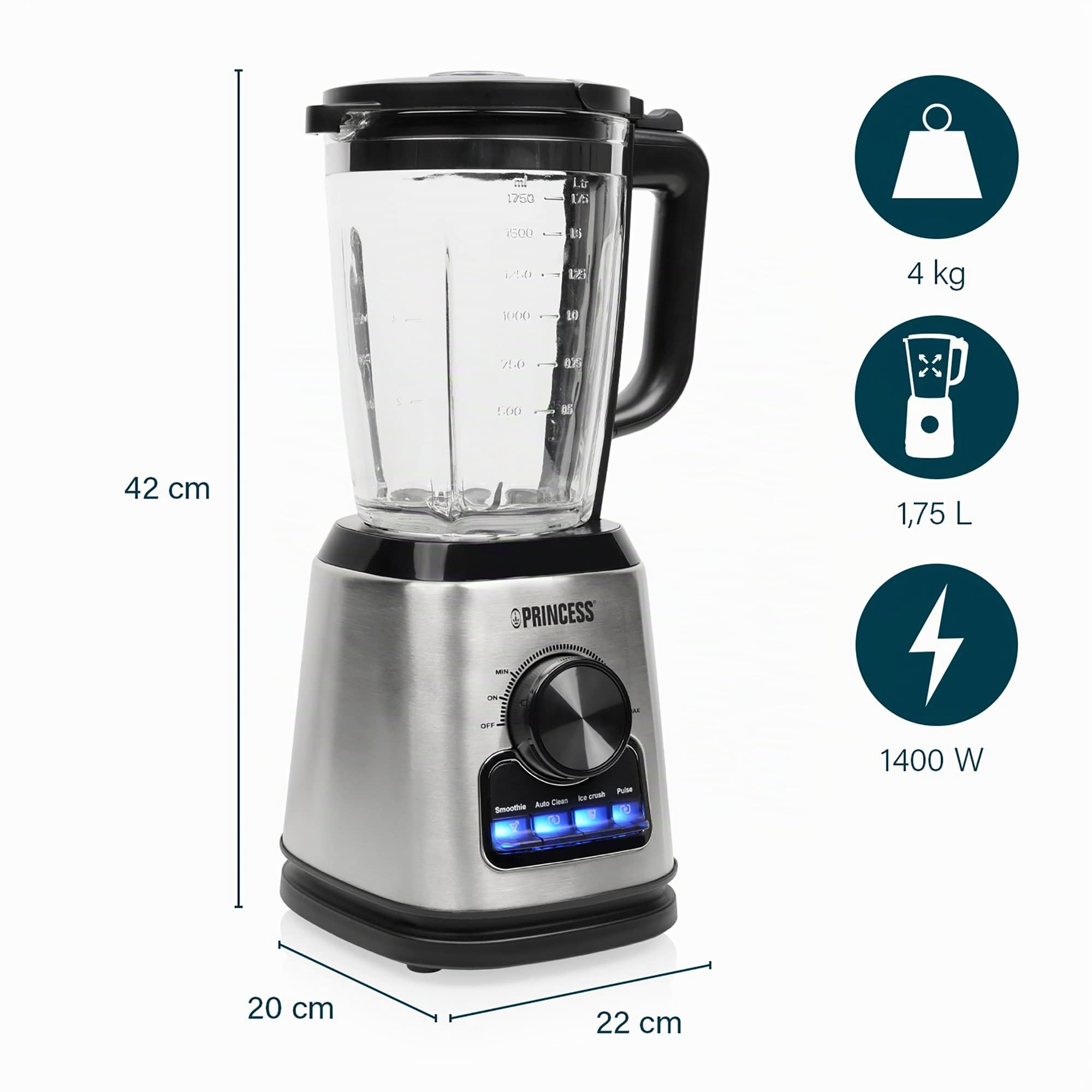 Princess 212094 Batidora de vaso con jarra de cristal de 1,75 L, con función de batidos, autolimpieza, para picar hielo y turbo, 22,000 rpm, 1400 W