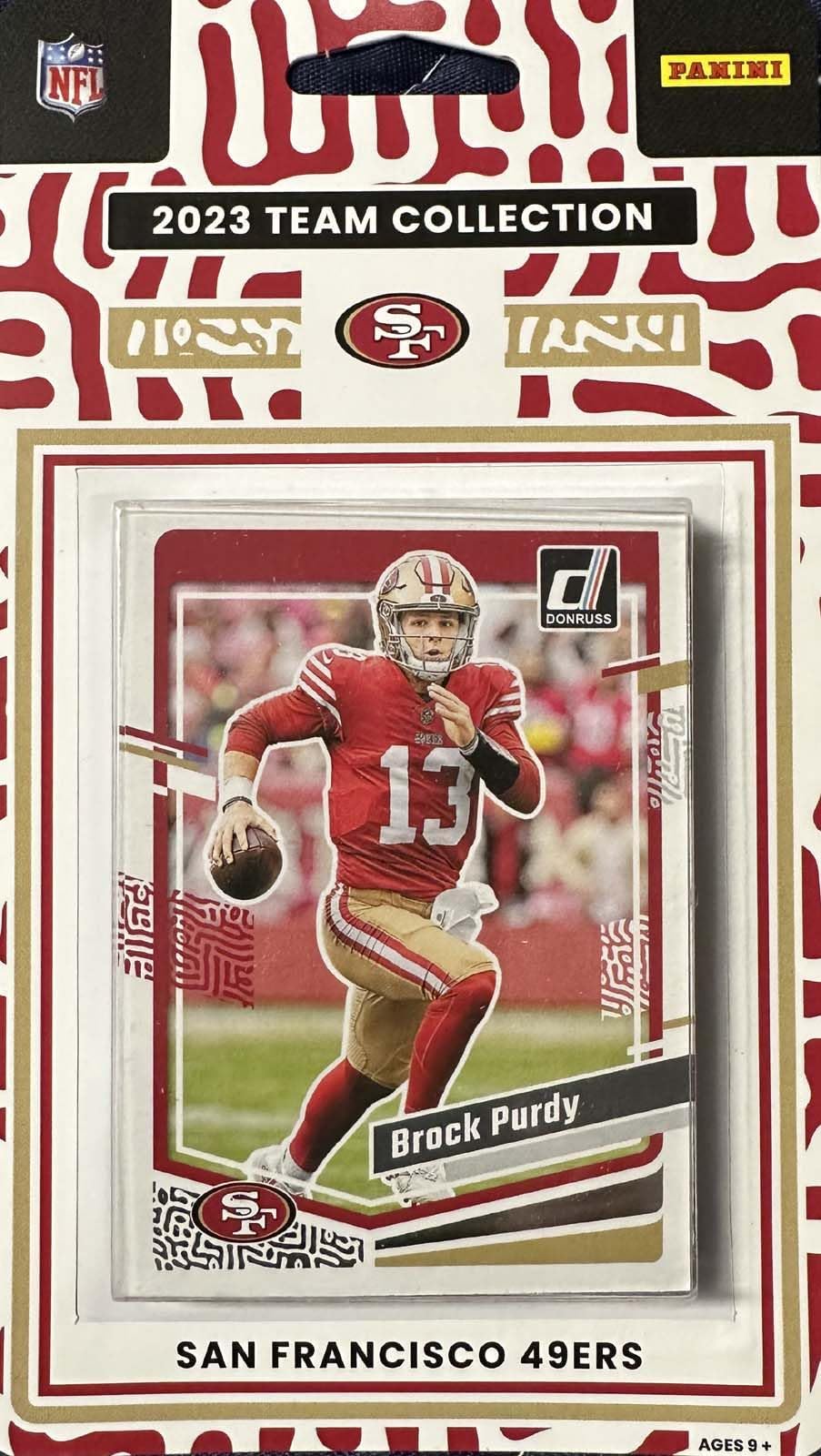 San Francisco 49ers 2023 Donruss Factory Sealed 10 Card Team Set Featuring Brock Purdy 2nd Year Card with Christian McCaffrey and George Kittle Plus