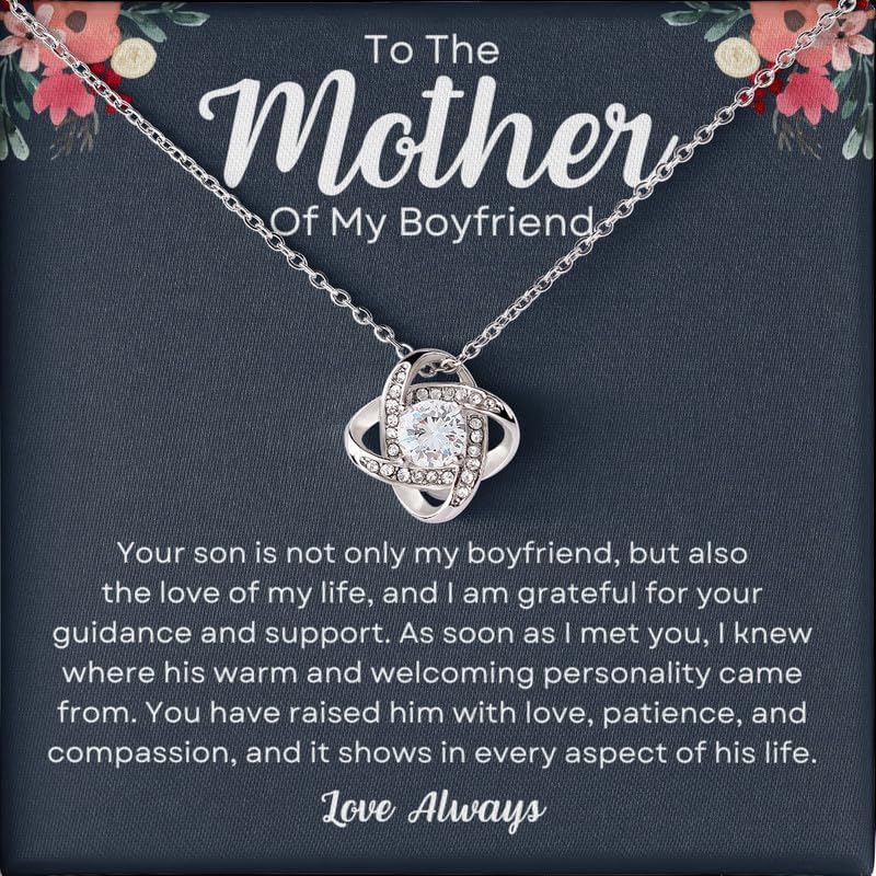 To My Boyfriend's Mom Necklace Message Card Box Love Knot Silver Mahogany - You Have Raised Him With - Relationship Jewelry Stepmother Valentine