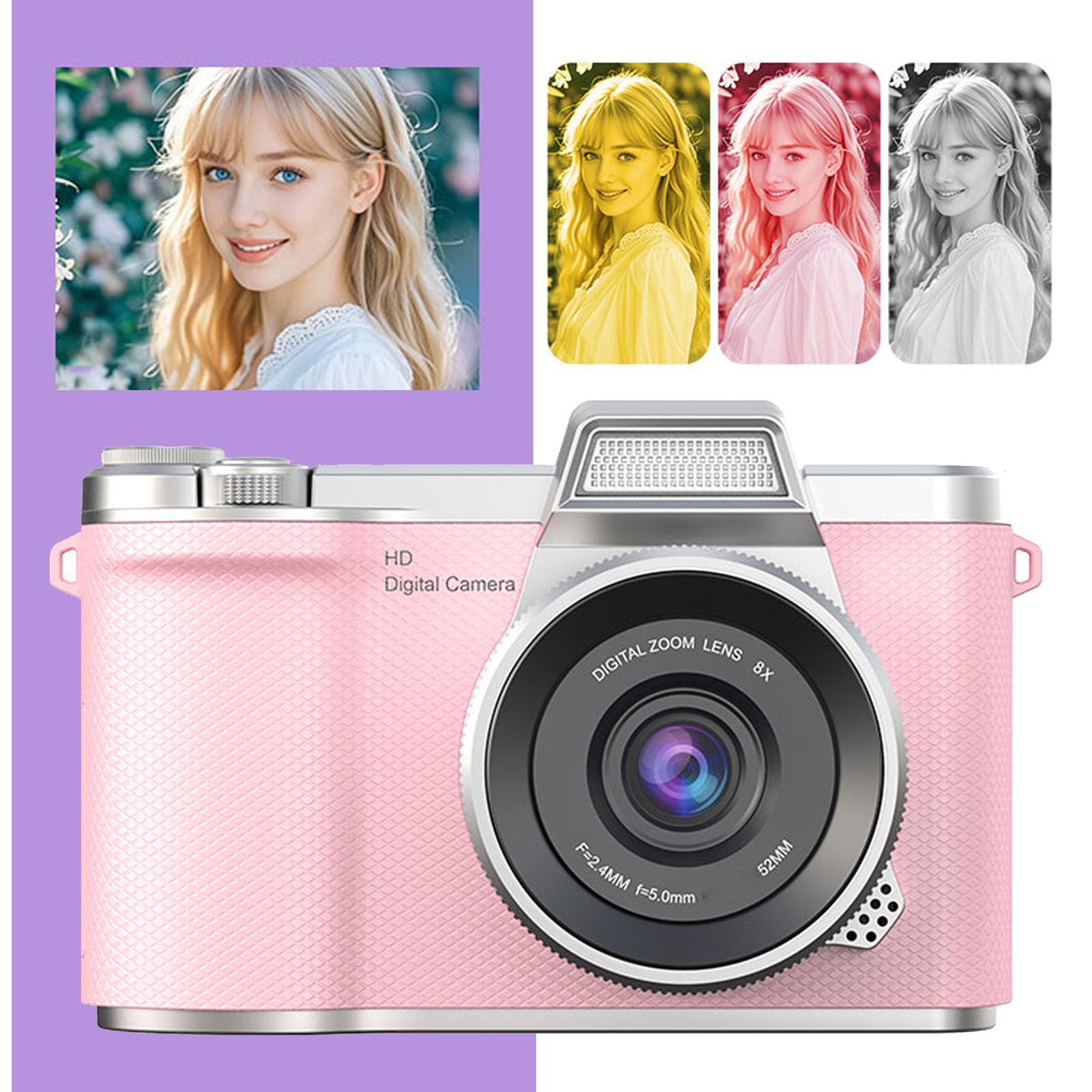 banapoy Fotocamera Mirrorless da 48 MP 1080P con Zoom 8X, Schermo Ribaltabile da 2,4 Pollici, Flash Integrato, Messa a Fuoco Automatica, Anti-Vibrazione per Fotografi Principianti (Pink)