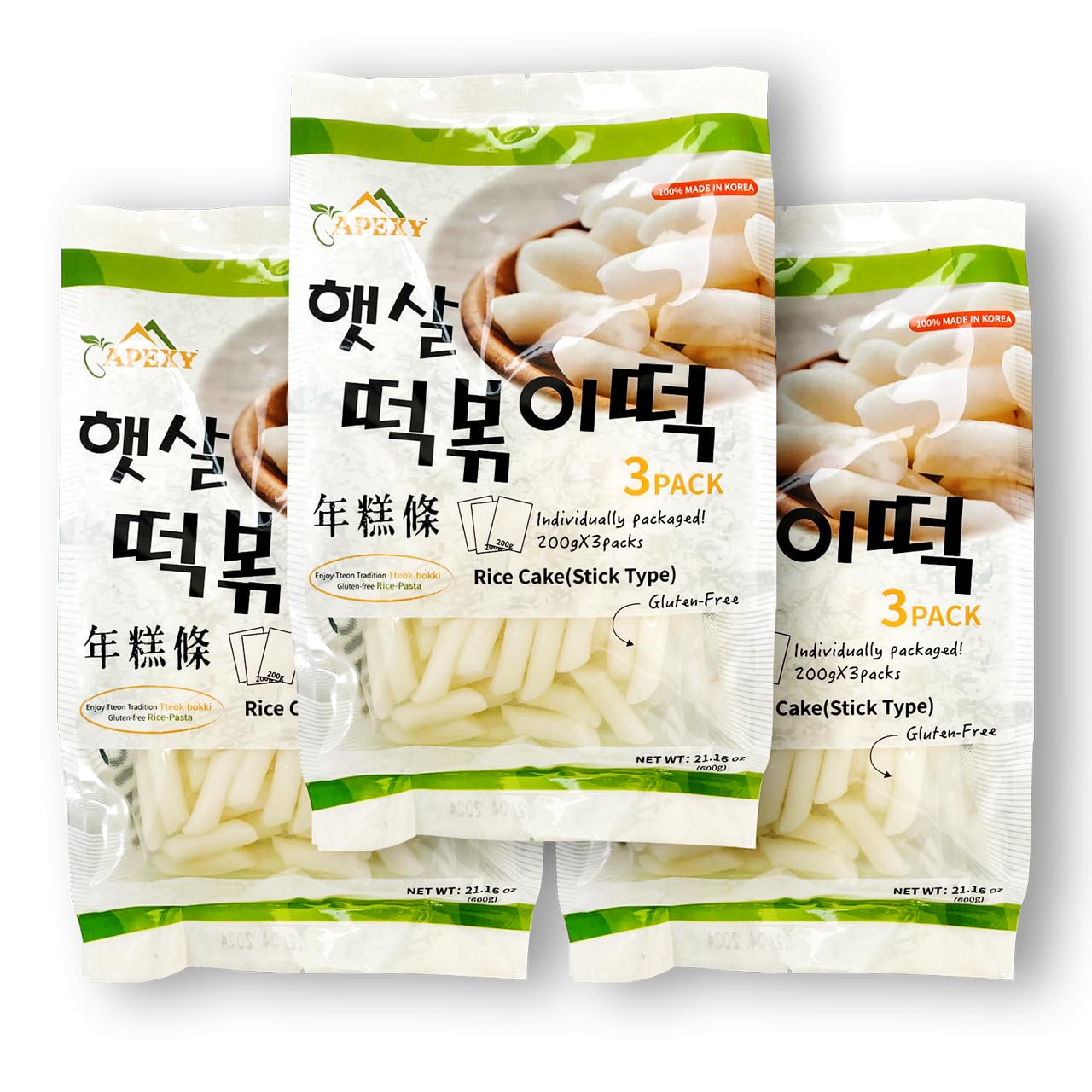 Apexy Korean Rice Cake Tteokbokkik Rice Cake, Chewy Tteok, Authentic Korean Street Food Snack, Perfect with Cheese and Ramen Noodles, No MSG, and Gluten Free, Non-GMO 21.16 oz Pack of 3
