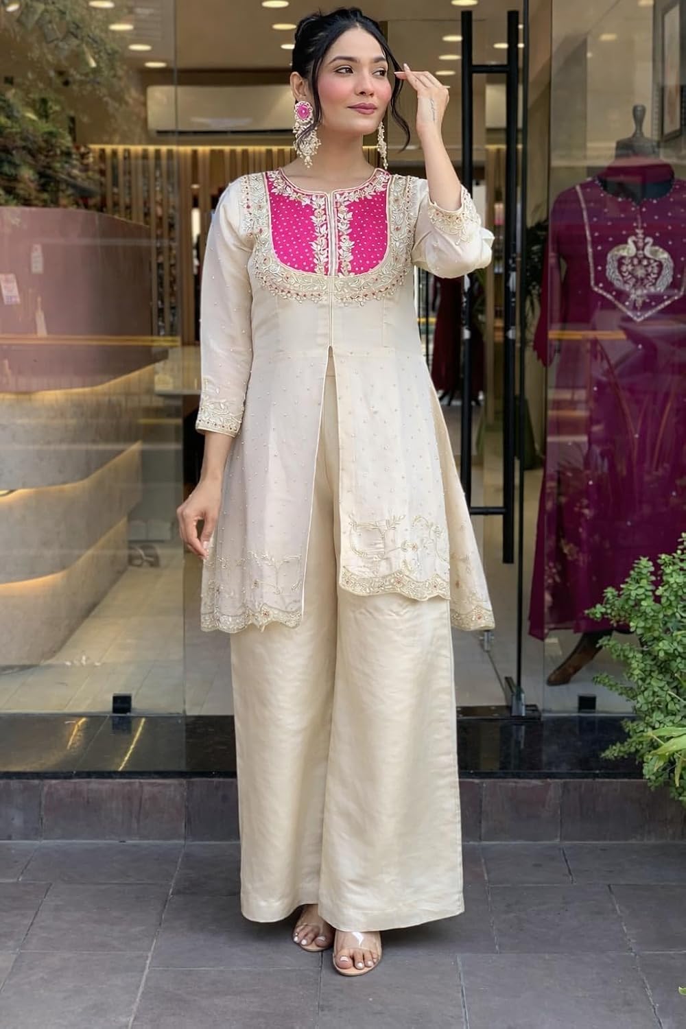 Women's Art Silk Embroidery Sequence Work Kurta With Sharara Set
