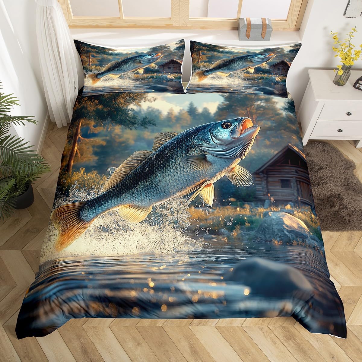 jejeloiu Pike Fish Bedding Set Bass Big Fish Duvet Cover Toddler for Kids Boys Girls Teens Fishing and Hunting Comforter Cover Set Rustic Farmhouse Bedspread Cover with 1 Pillow Case