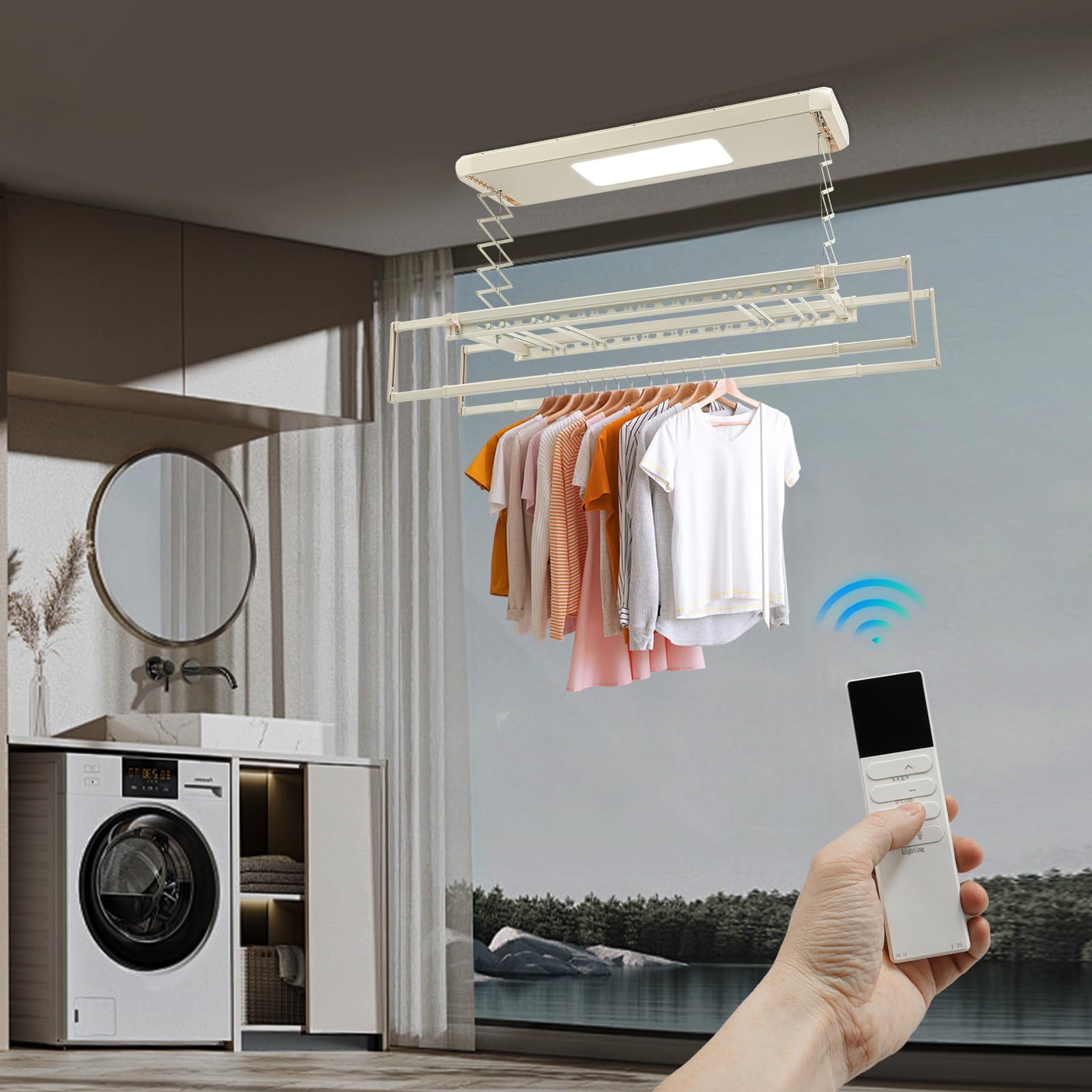 Elektrischer Wäschetrockner mit Licht,Wäschetrockner mit Fernbedienung,Elektrisches Trocknungsstand,Elektrischer Wäscheständer mit Fernbedienung,für Hausbalkone,Badezimmer (White)