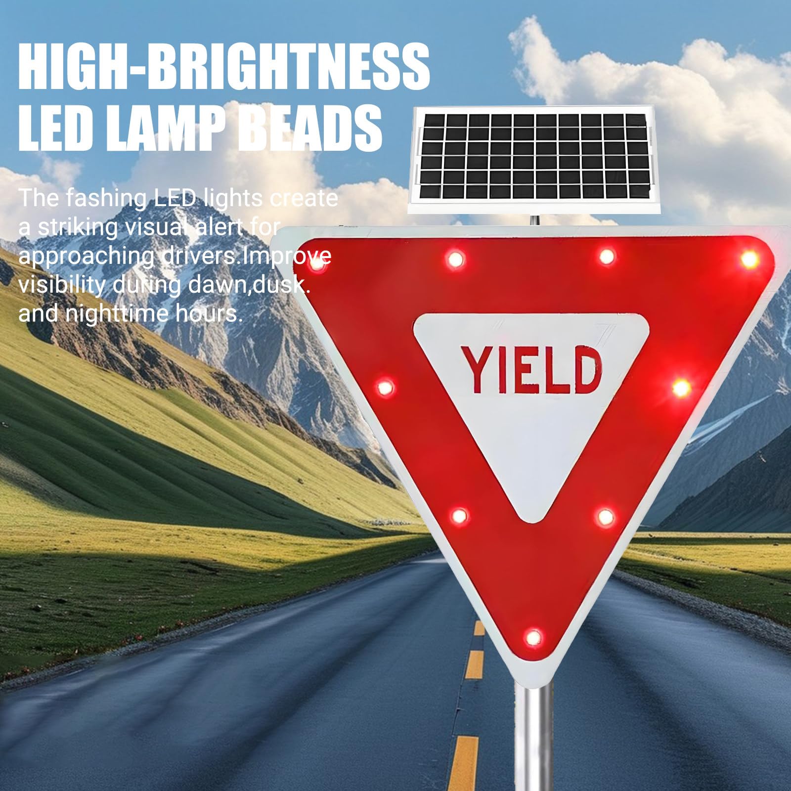 Señal De Ceda El Paso De 24/28", Señal De Advertencia De Tráfico Reflectante LED Intermitente con Energía Solar, con Forma De Triángulo Invertido Y Marco Metálico Inoxidable 2Pc-28''