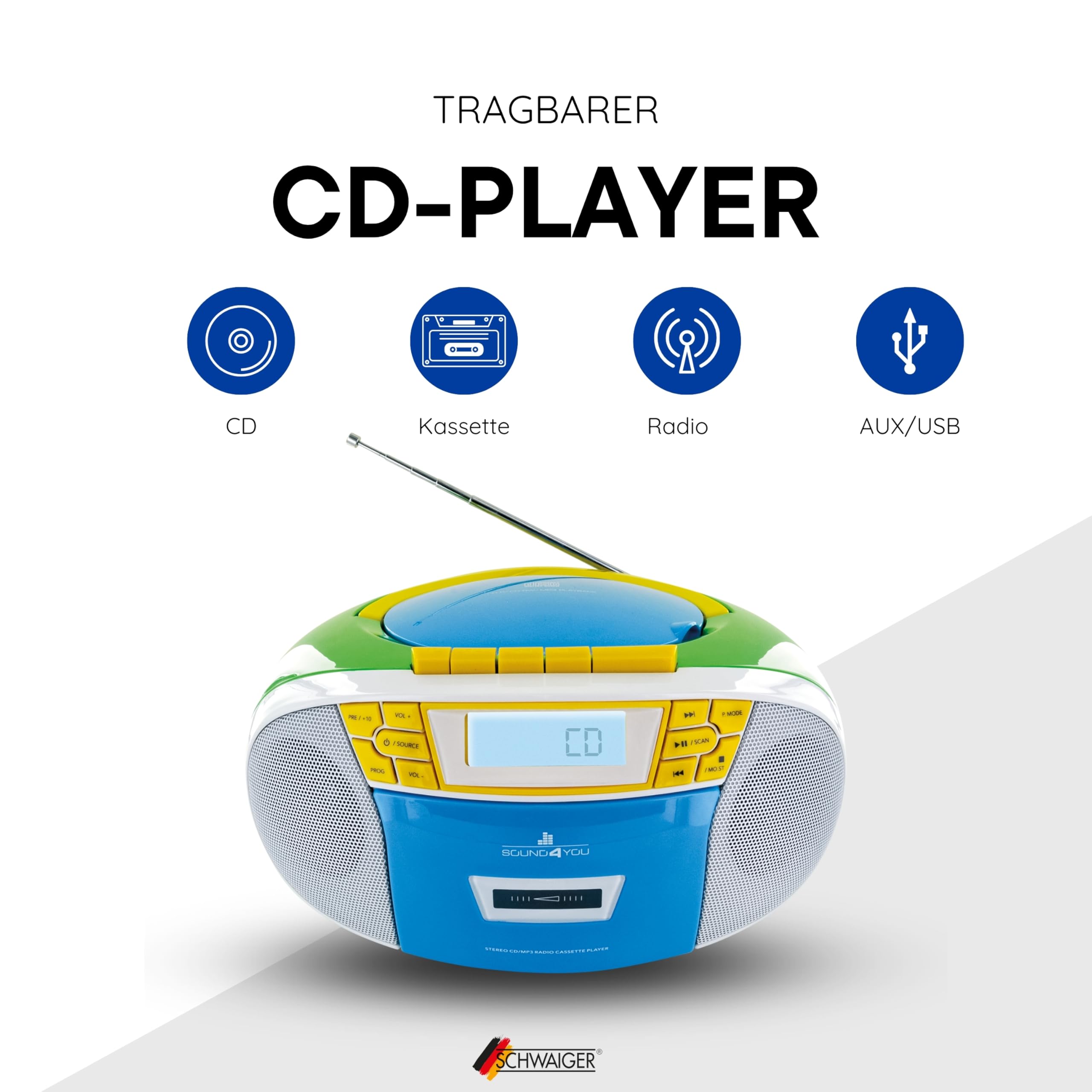 SCHWAIGER 661644 Lecteur CD avec Cassette et Radio MP3 Connexion USB FM Radio AUX Casque Boombox Fonctionnement sur Secteur et Piles Affichage Portable Multicolore