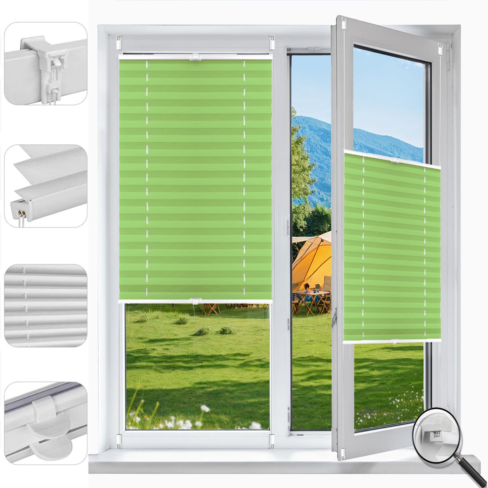 Klemfix Store Plissé Occultant sans Perçage 105 x 155 cm, Protection de Privée, Protection Solaire, Store de Fenêtre Klemmfix sans Perçage, Store Occultant Portable, pour Fenêtres, Vert Tendre