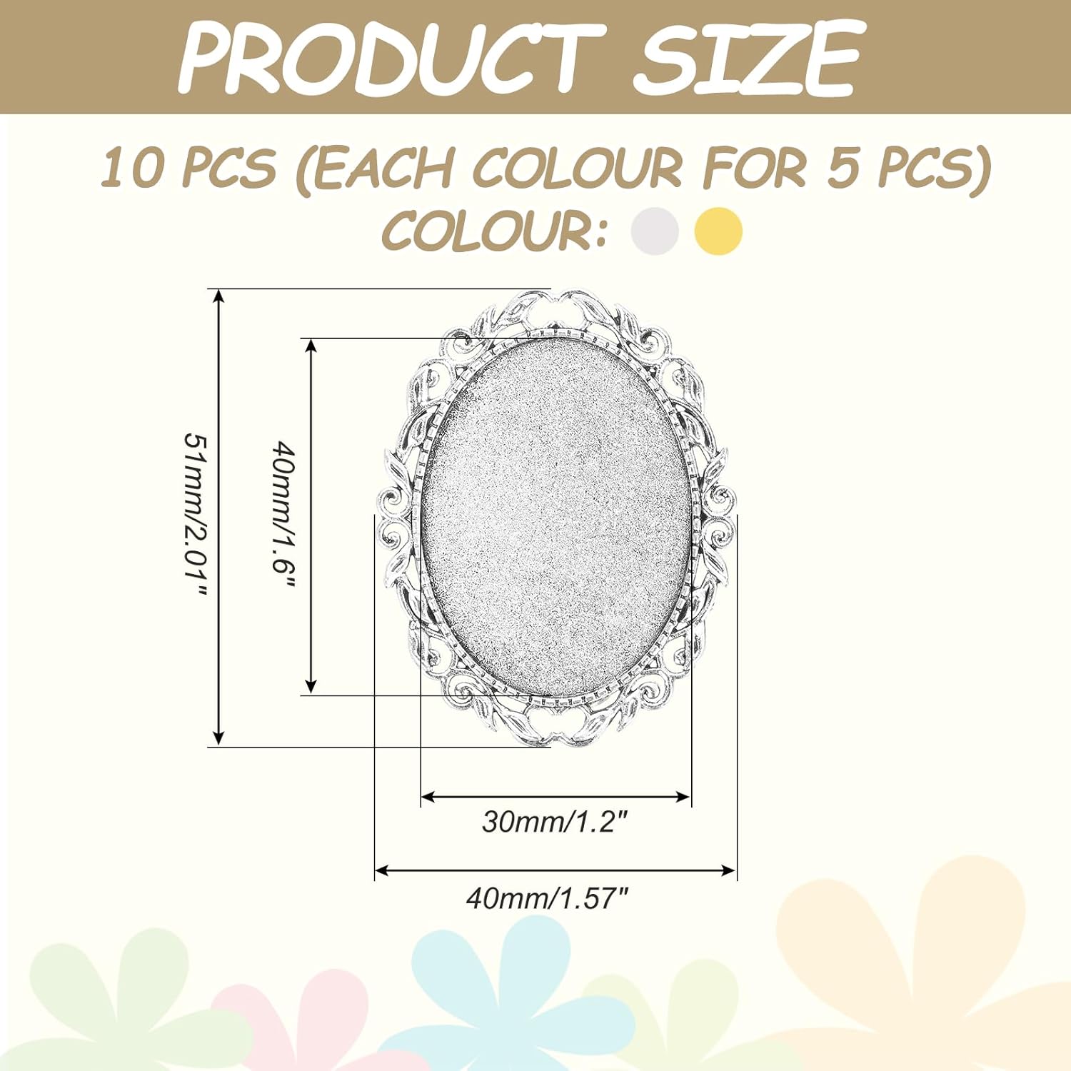 MECCANIXITY 10 Pcs Cabochon Brooch, 40x30mm Alloy Findings Trays Oval Pins, Vintage Setting Brooch Pins for DIY Jewelry Making Pendants Photo Craft, Vintage Style, Silver/Golden - Image 2