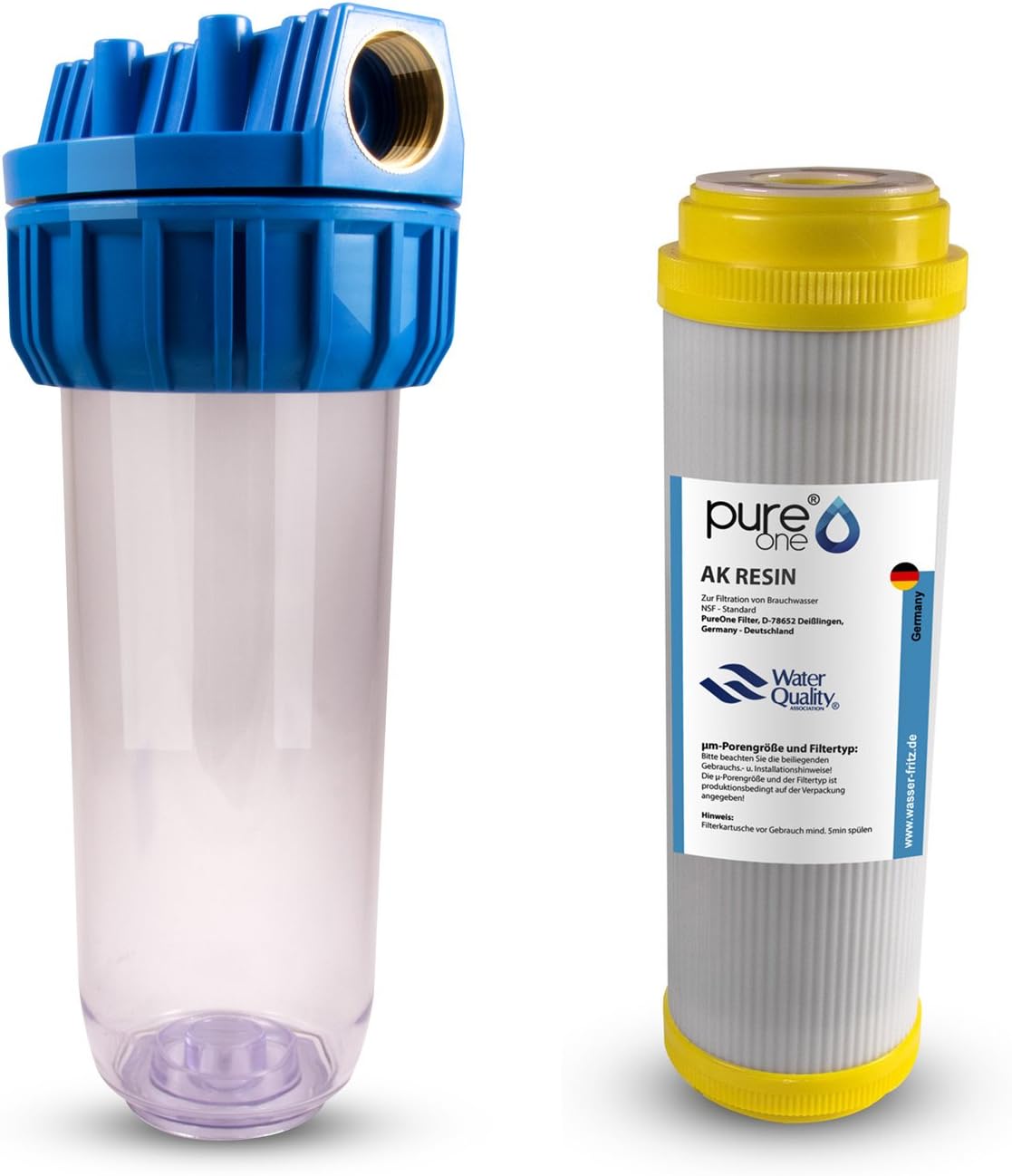 PureOne AKS1 Descaling Set. 1 step filter system. Water softening and de-calcification. Filter Housing Anti-Limescale Resin Filter Cartridge. For Rain Water Well Water Butt. 10 inches.