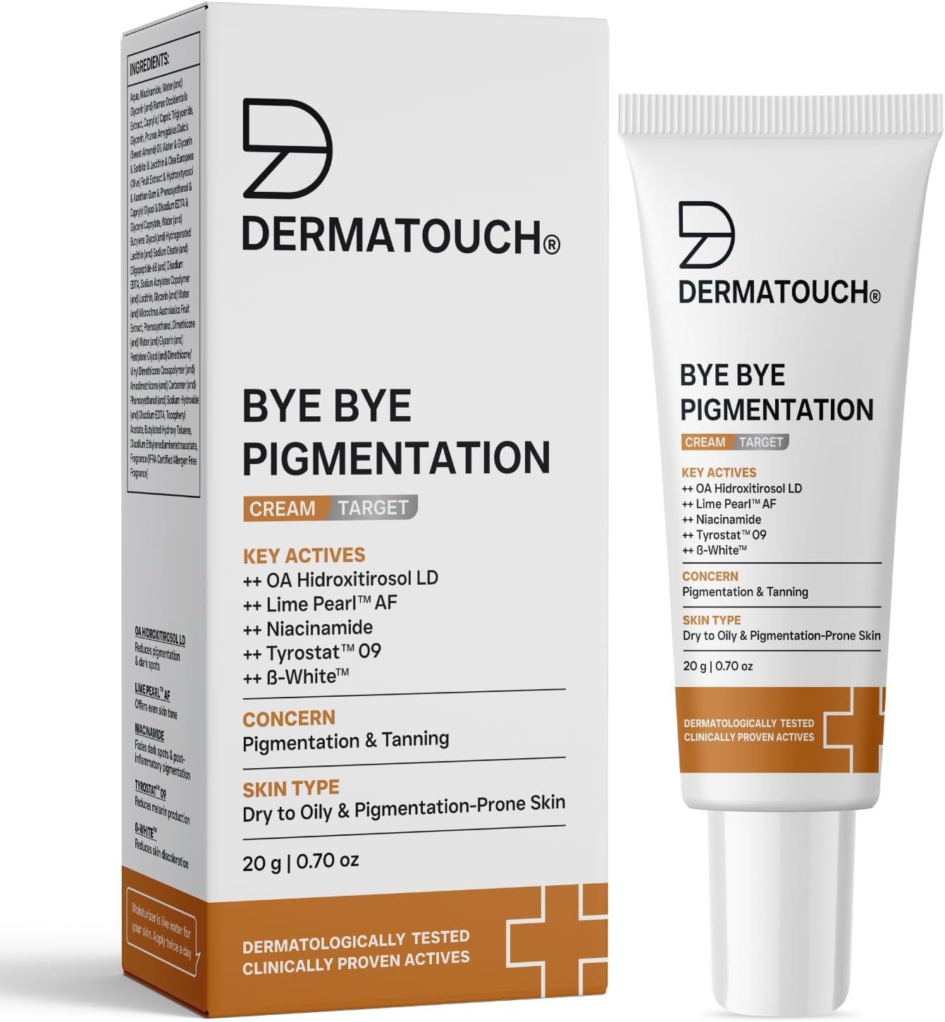 DERMATOUCH Bye Bye Pigmentation Cream | Anti Pigmentation Cream For Men and Women with Niacinamide, B-White, Lime Pearl, OA Hidroxitirosol LD & Tyrostat | 20g