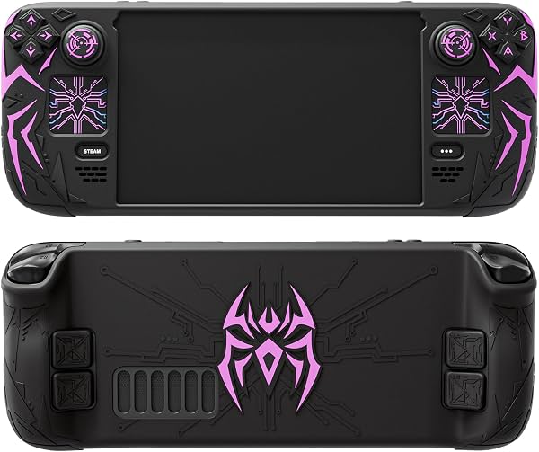 PlayVital Cyber Spider Funda Protectora para Steam Deck OLED/LCD, Cubierta de Silicona Antideslizante con Mejoras en Botones Traseros, Agarres para Pulgares y Pieles para Trackpad, Negro
