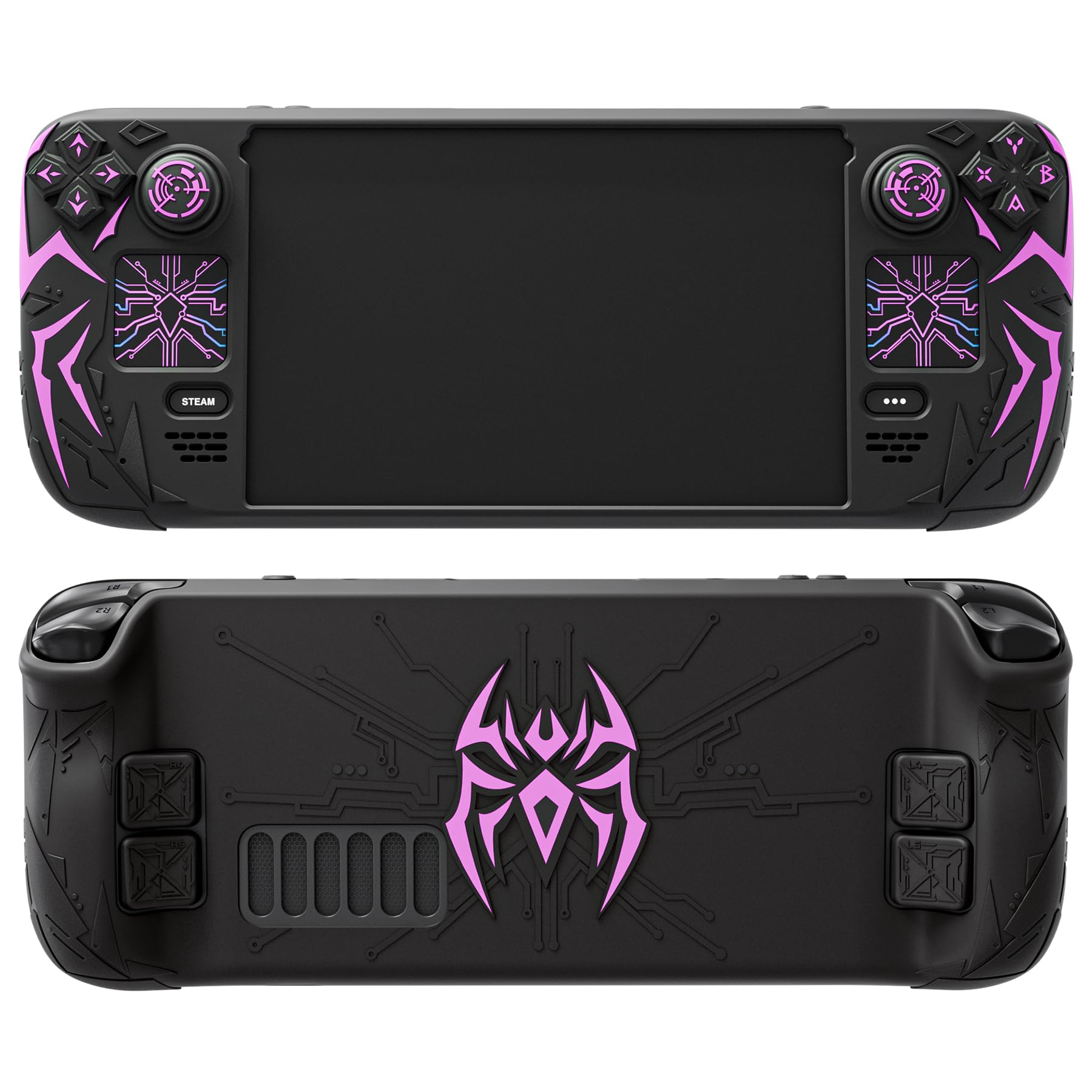 playvital Cyber Spider Schutzhülle für Steam Deck LCD & OLED, rutschfeste Silikonhülle mit Rücktasten-Erweiterungen, Thumbstick-Kappen und Trackpad-Skins für Steam Deck, Schwarz