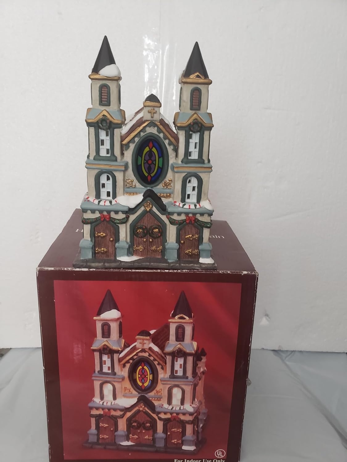 Decorative Porcelain Church Building, Hand-Painted Christmas Collectible with Light Cord, White and Gold