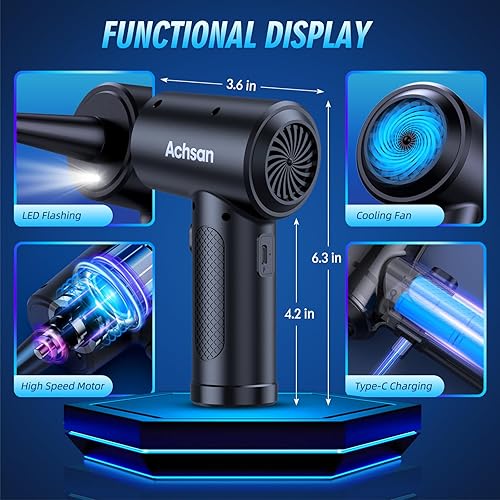 Miniatura 4 de Achsan - Potente plumero de aire comprimido para limpieza profunda, limpiador de teclado para limpieza de oficina, PC, recargable, 3 velocidades,