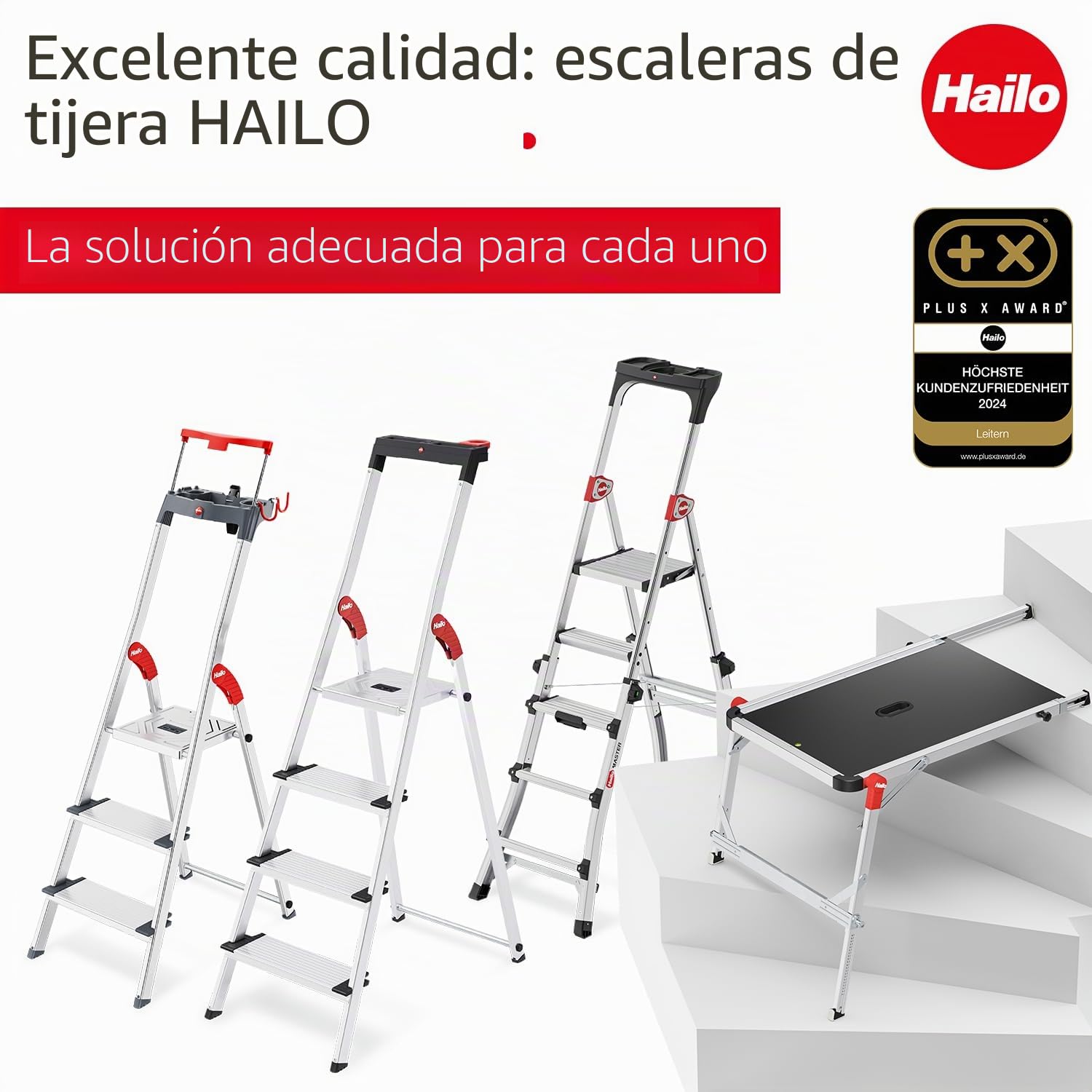 Hailo Topline L100 Escalera de tijera de aluminio de seguridad, 7 peldaños XXL de hasta 150 kg, escalera de pie con soporte extensible, bloqueo de plataforma, muchos accesorios, escalera de aluminio