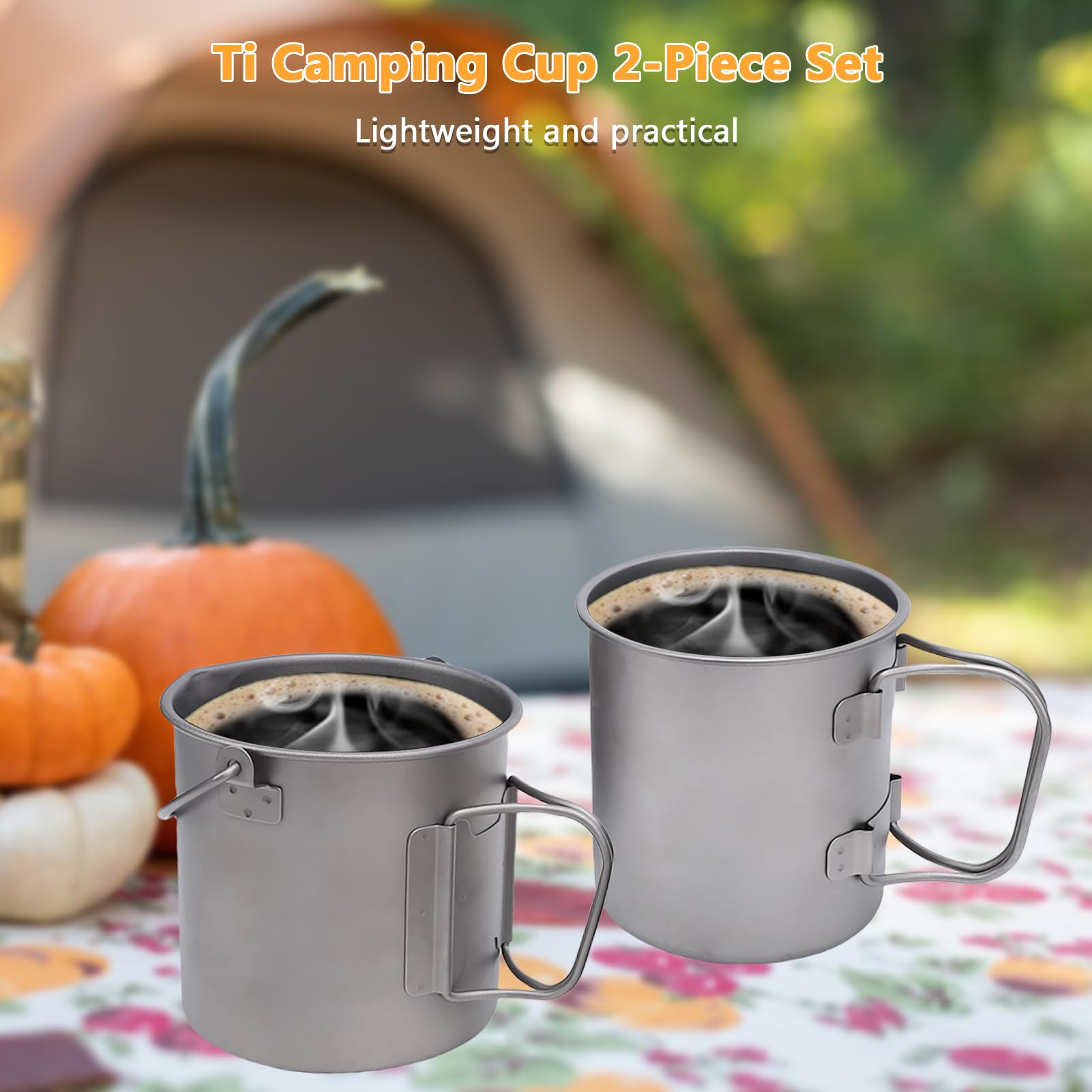 Juego de 2 Tazas de Titanio- Taza Ligera de Titanio para Acampar Al Aire Libre con Asa Plegable, Capacidad de 450ML y 750ML para Aventuras Al Aire Libre Senderismo y Viajes