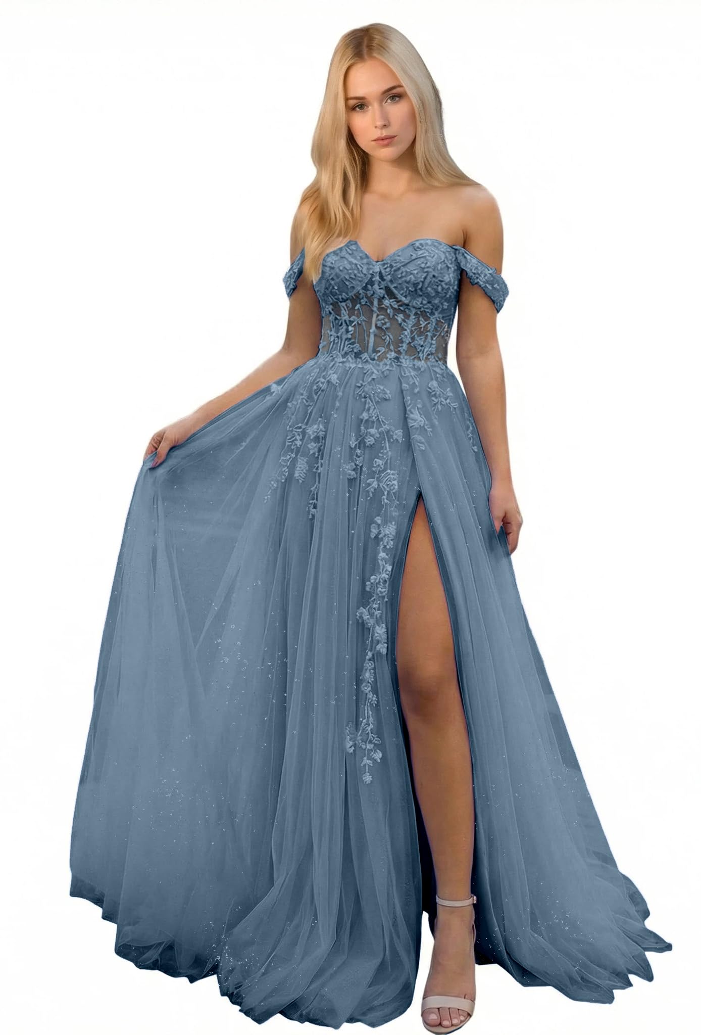 Bxqmzl Glittery Tulle Off Shoulder Prom Dresses 2026 with Slit Lace Appliques A Line Formal Evening Dresses