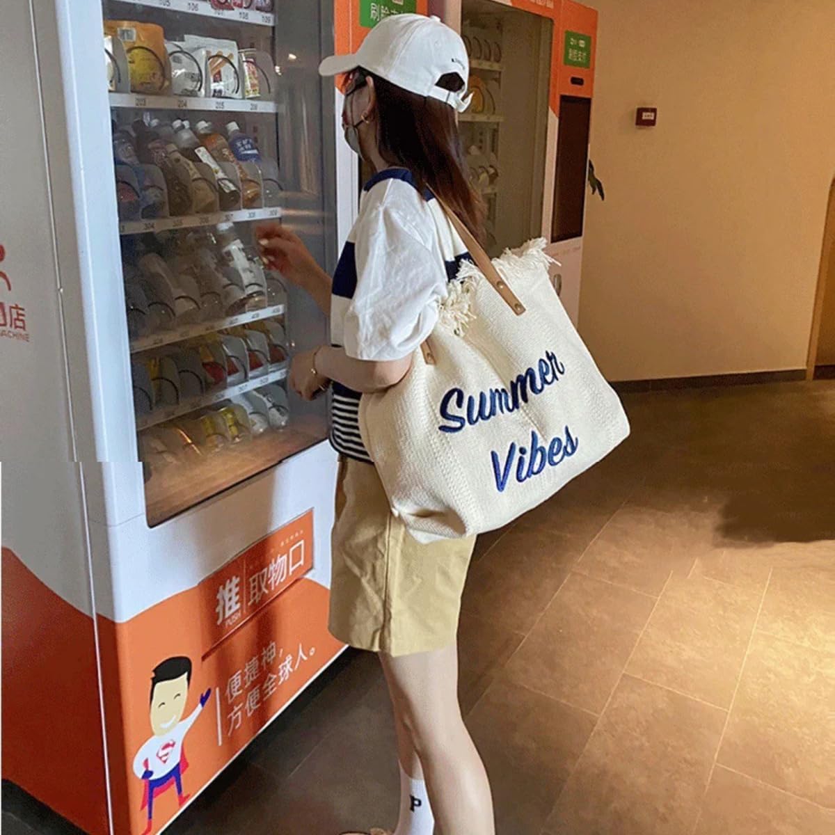 Tote bag, large capacity canvas, women's shoulder bag, beach bag, tassel embroidery, niche design, women's bag (write)