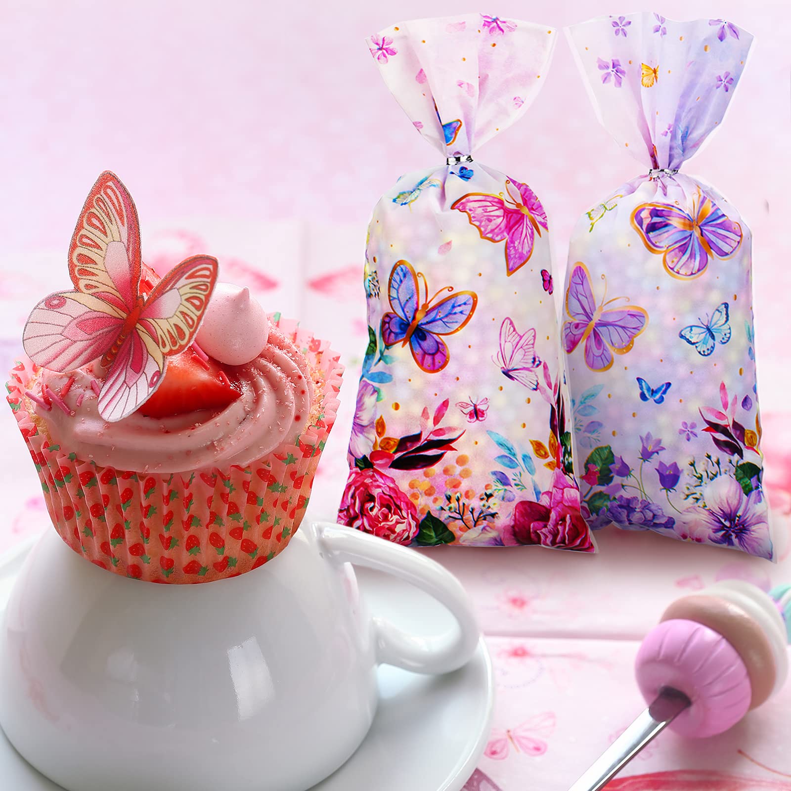 100 Pcs Butterfly Gift Bags - 10.8 x 5 Inch Butterfly Goodie Bags Cellophane Spring Flower Treat Candy Bag Party Favor Bag with 150 Twist Ties for Girls Butterflies Baby Shower Birthday Party Supplies