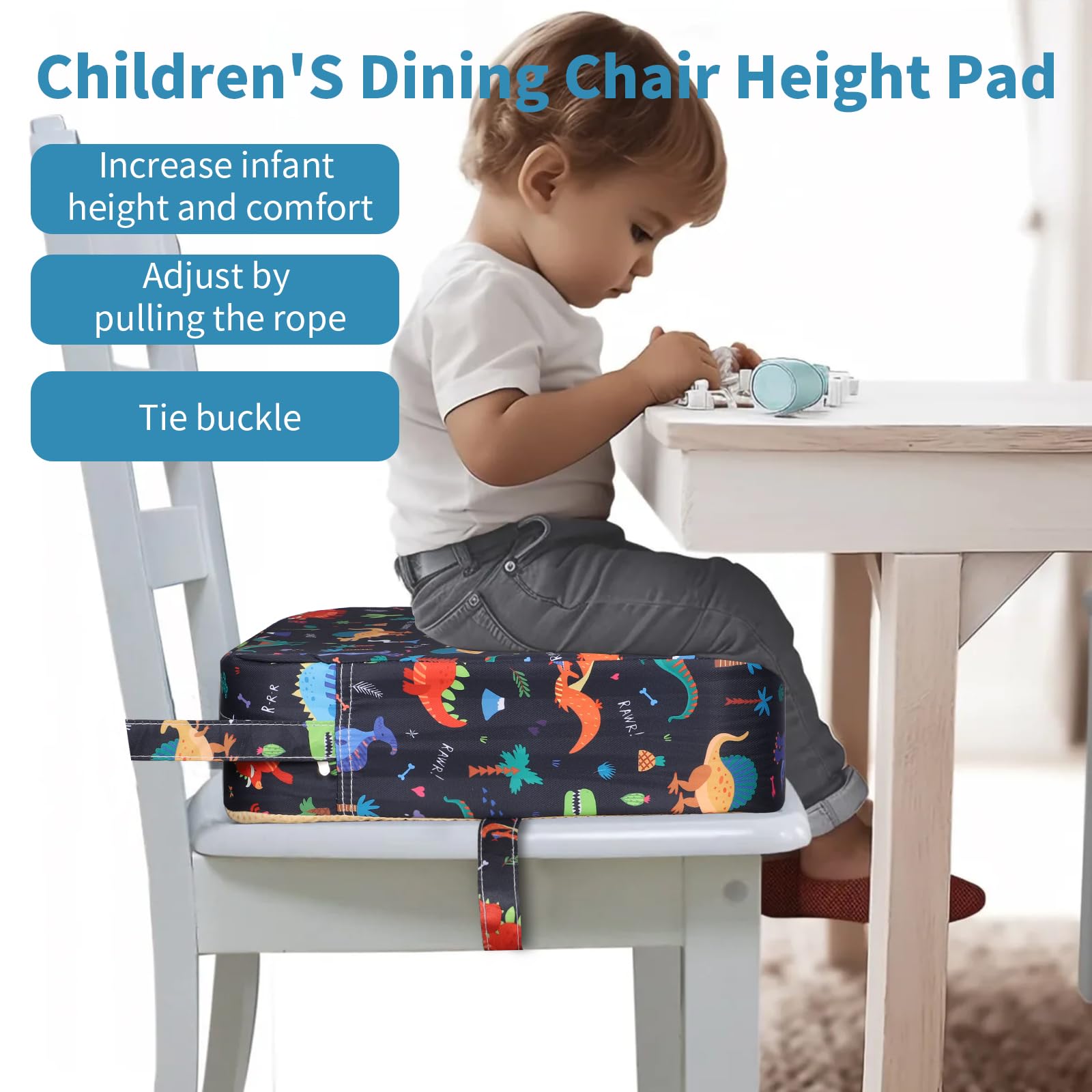 Rialzo Sedia Bambini 8cm, con 2 Cinghie di Sicurezza Anti-Scivolo, Protezione Lavabile, Portatile in Schiuma ad Alta Densità, per Mangiare, Suonare il Pianoforte, Viaggi (Dinosauri Neri) - 5