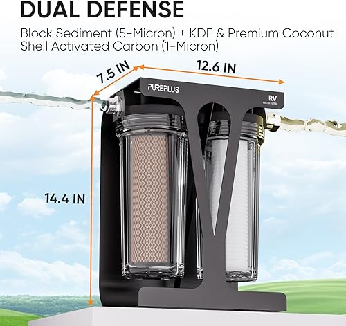 Miniatura 2 de PUREPLUS Sistema de filtro de agua de doble etapa RV con sedimentos ranurados y cartuchos KDF/carbono, accesorios de acero inoxidable de 3/4