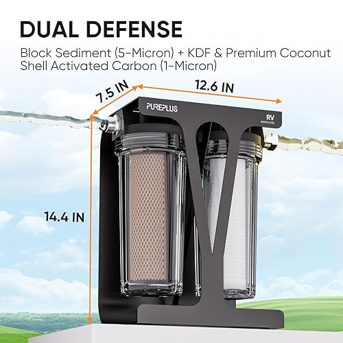 Miniatura 2 de PUREPLUS Sistema de filtro de agua de doble etapa RV con sedimentos ranurados y cartuchos KDFcarbono, accesorios de acero inoxidable de 34 pulgadas,