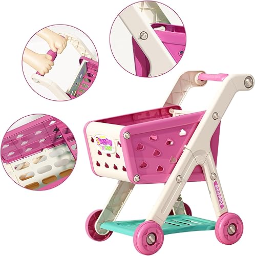 Miniatura 3 de Juego de carrito de compras para niños de 98 piezas con comida de simulación y accesorios, perfecto para juegos de simulación y juegos de rol (rojo