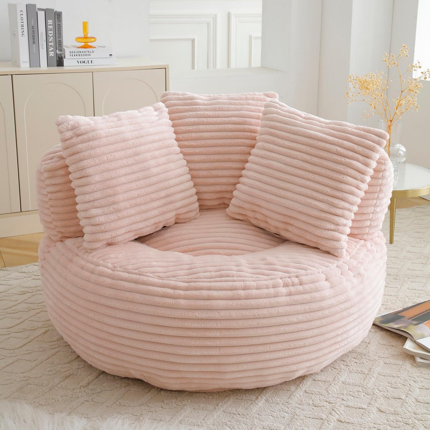 Bean Bag Chair, Corduroy Oversized Chair for Adults, Comfy Big Accent Sofa Lounge Floor Chair, Stuffed Bean Bag Couch for Gaming, Reading, Living Room, Bedroom, Pink