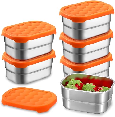 6 recipientes de acero inoxidable para niños, recipientes de alimentos de 8 onzas con tapas de silicona, lonchera de metal portátil reutilizable