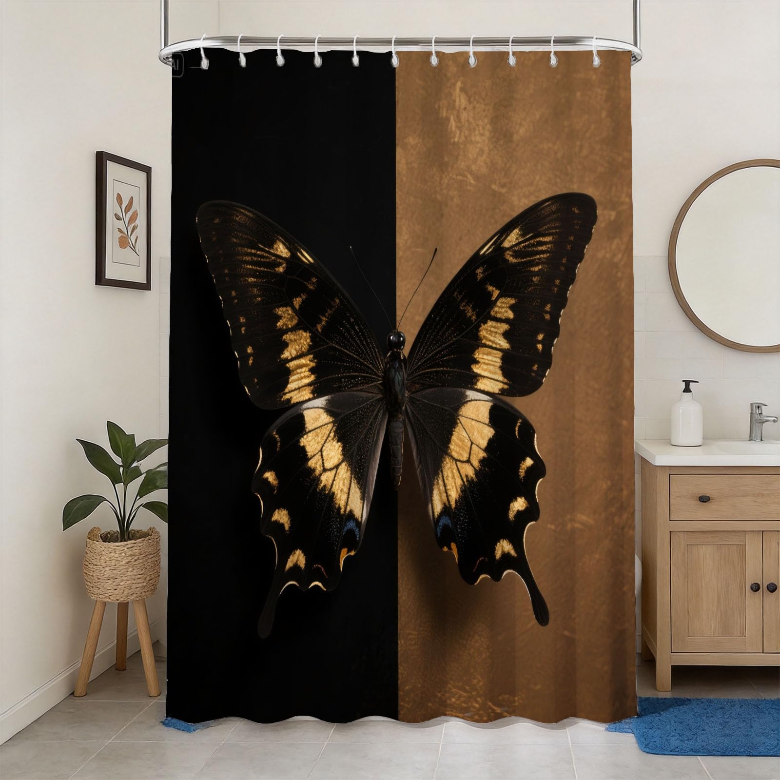 Rideau de douche en tissu imprimé 3D papillon or et noir avec anneaux fournis